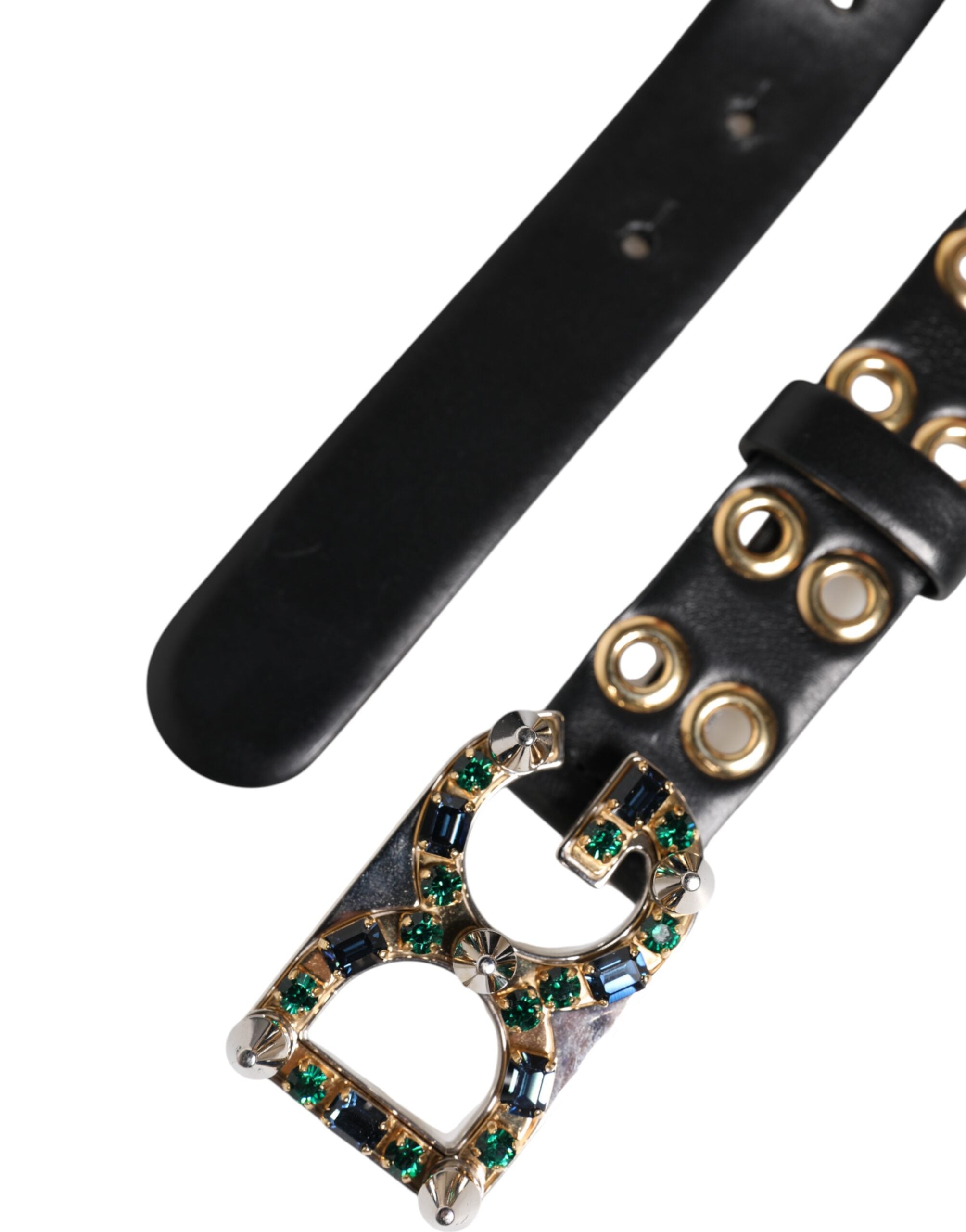 Dolce & Gabbana Black Leather Eyelet Crystal DG Buckle Women's Belt (Pre-Owned)