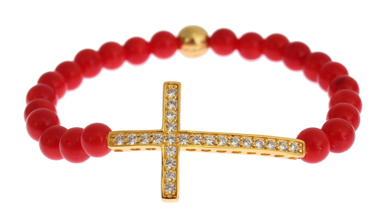 Nialaya Red Coral Gold CZ Cross 925 Silver Women's Bracelet