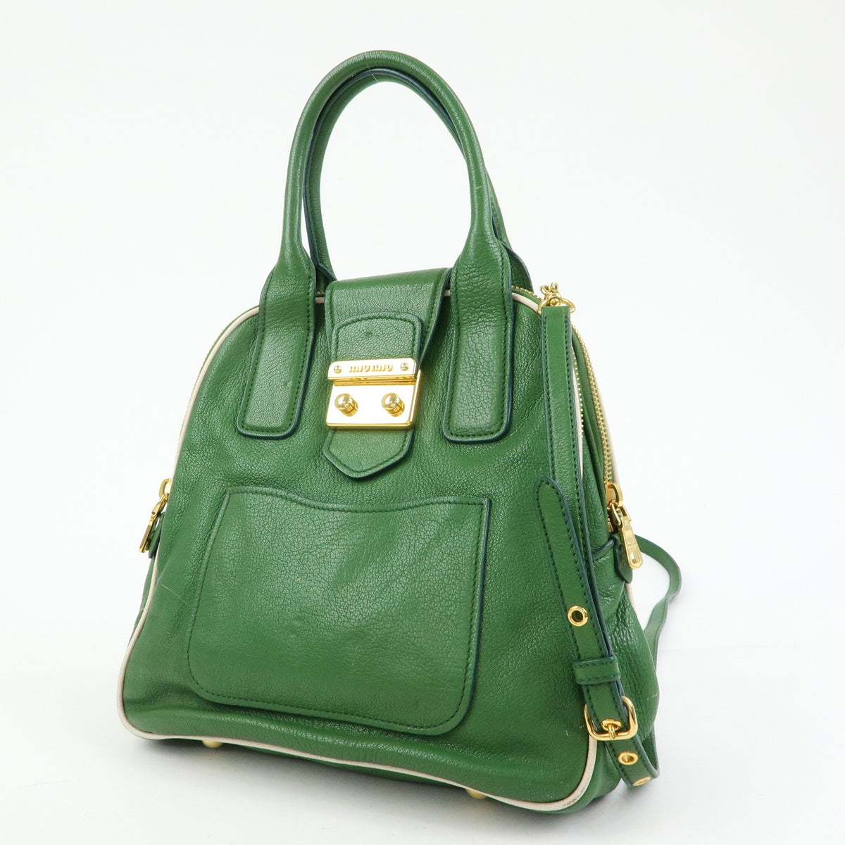 Miu Miu Madras Top Handle Leather Green Leather Handbag (Pre-Owned)
