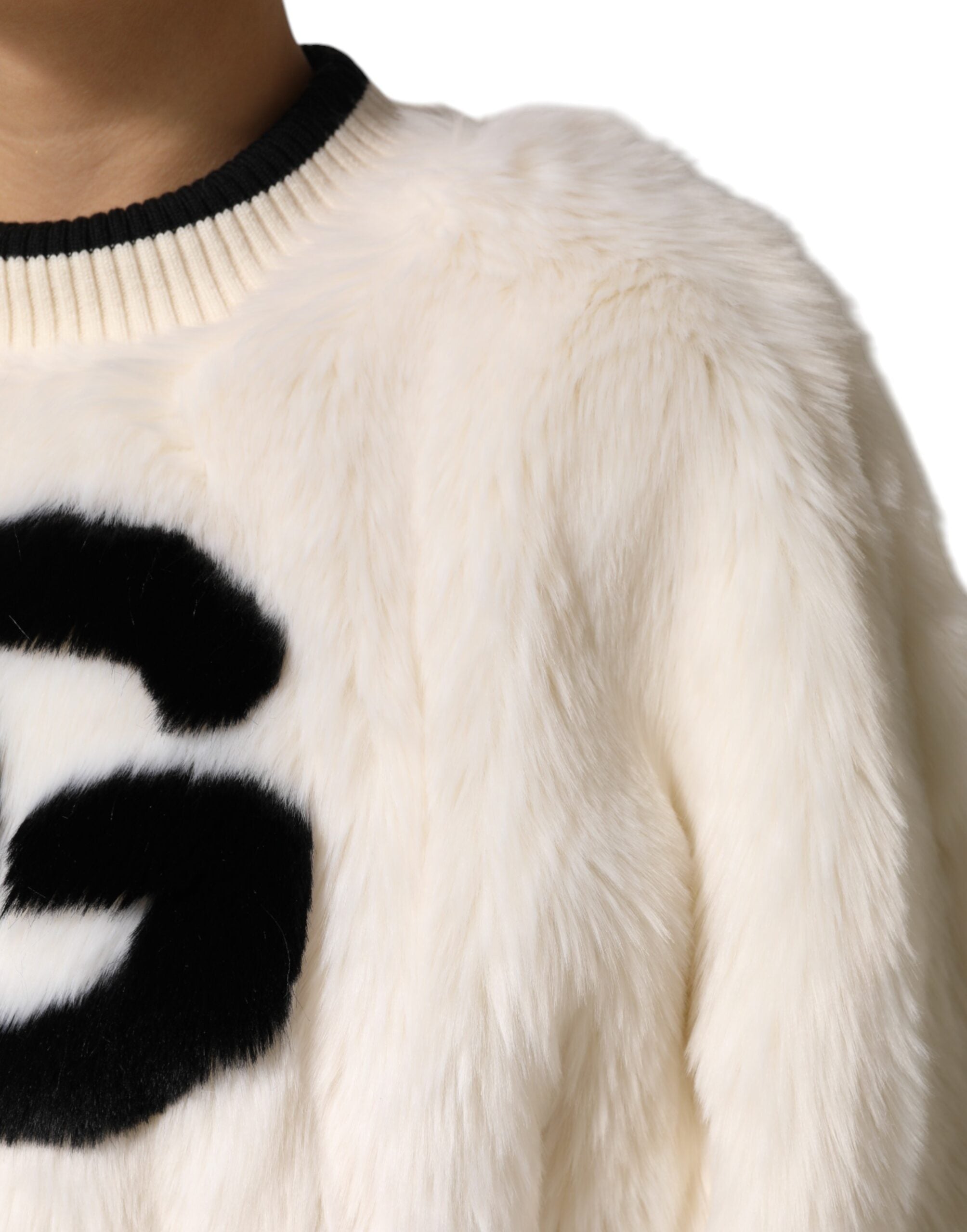 Dolce & Gabbana White Cropped Faux Fur DG Sweatshirt Women's Sweater