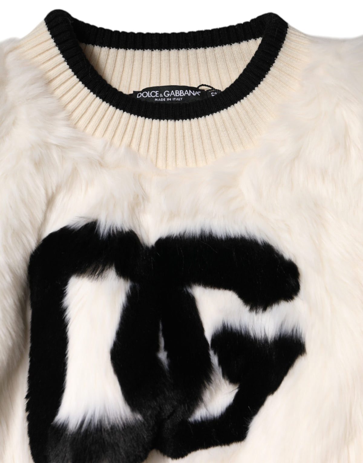 Dolce & Gabbana White Cropped Faux Fur DG Sweatshirt Women's Sweater
