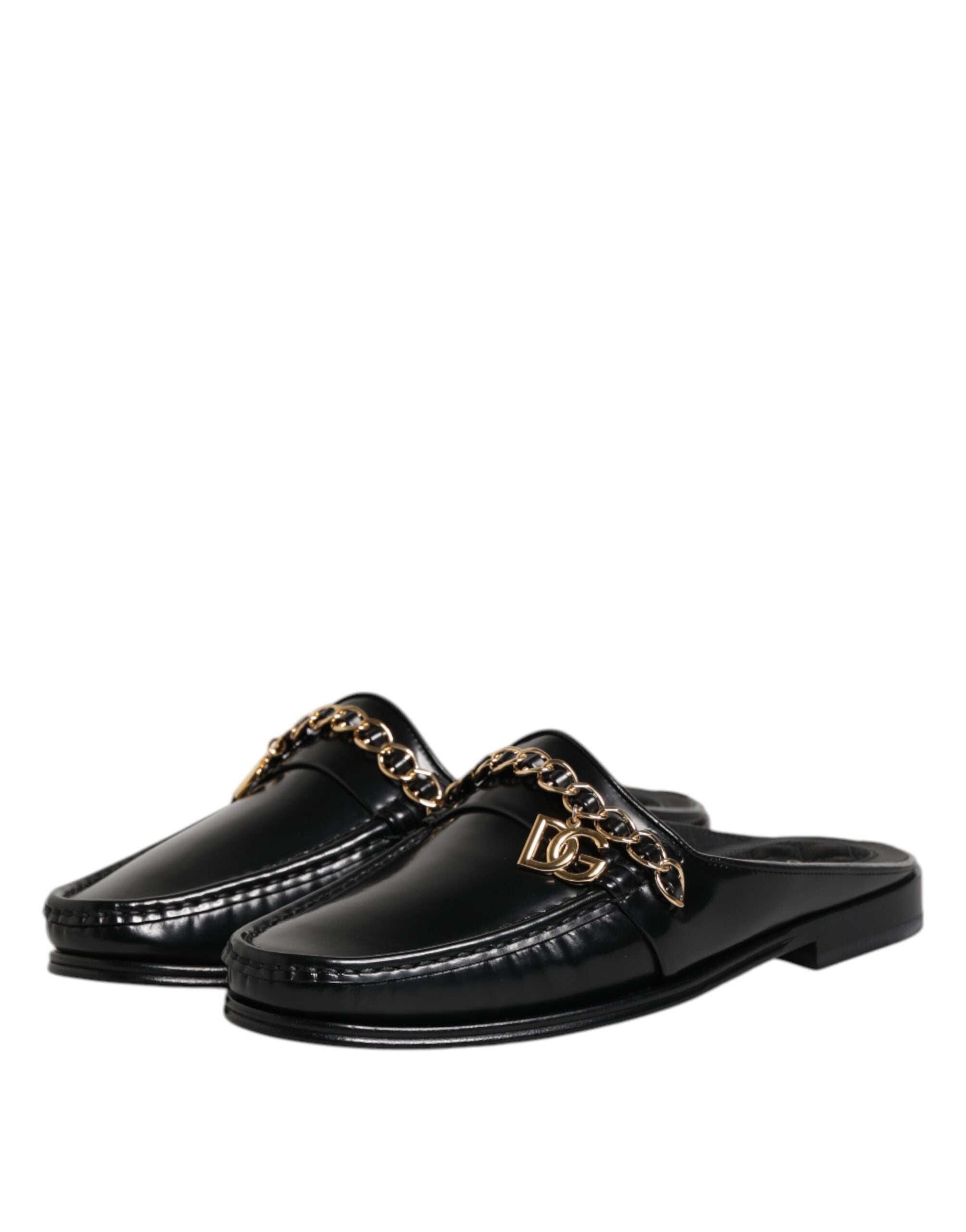 Dolce & Gabbana Black Leather DG Chain Embellished Sandals Men's Shoes