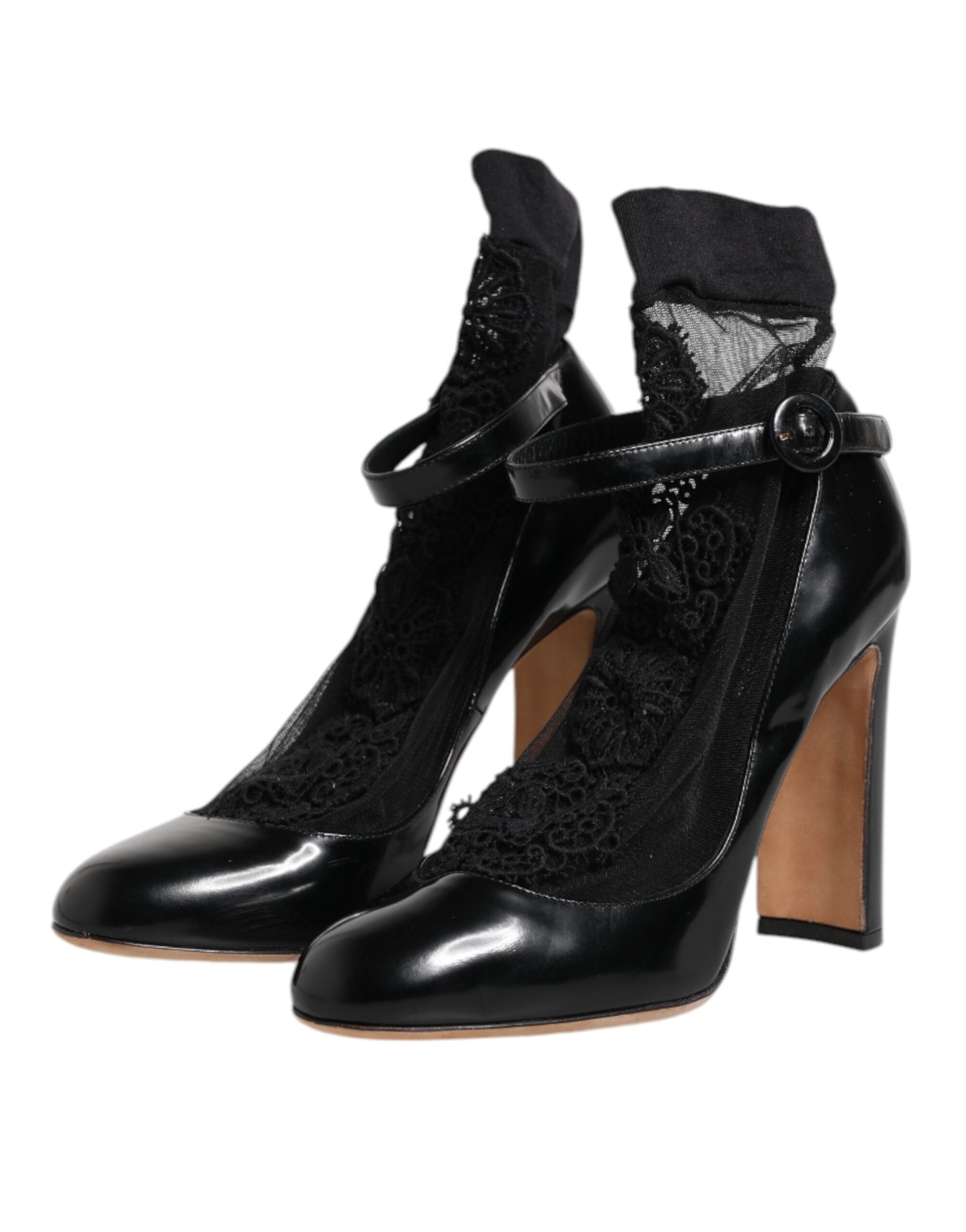 Dolce & Gabbana Black Leather Lace Socks Heels Pumps Women's Shoes (Pre-Owned)