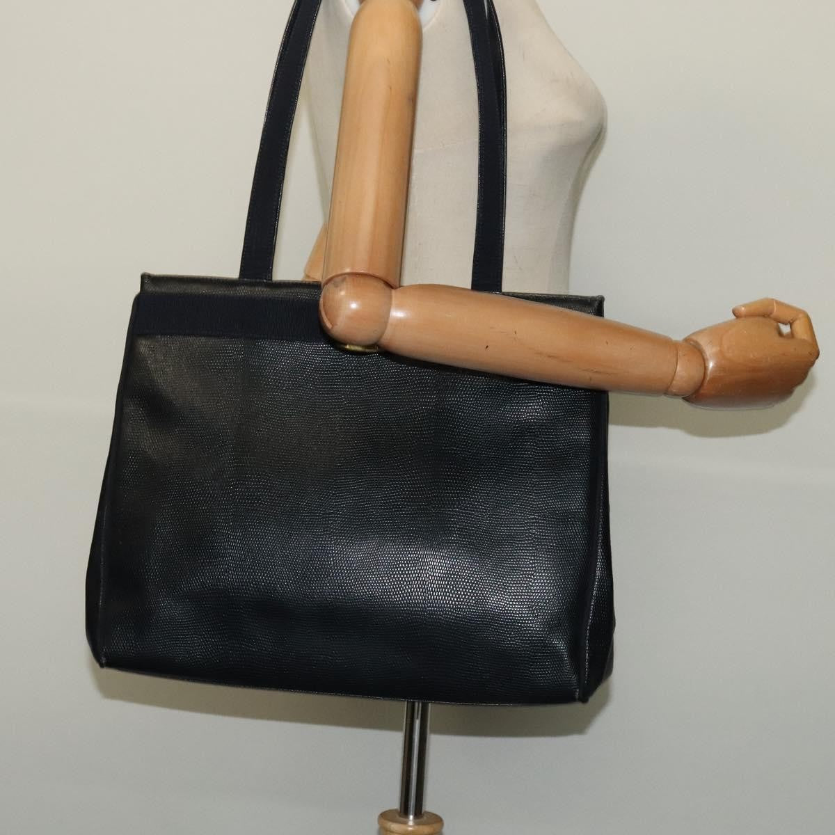 Salvatore Ferragamo Vintage Vara Bow Tote Lizard Embossed Leather Navy Leather Tote Bag Bag (Pre-Owned)