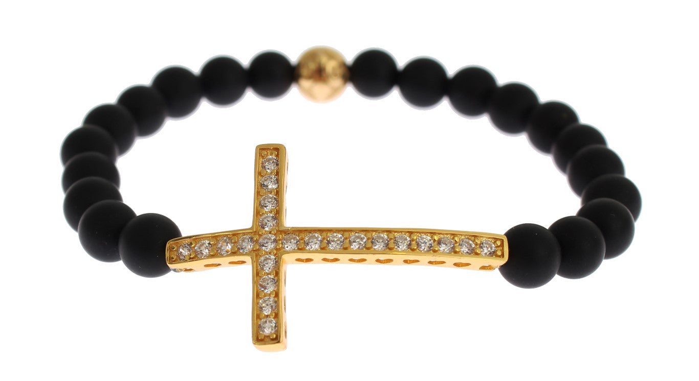 Nialaya Matte Onyx Stone Gold CZ Cross 925 Silver Women's Bracelet