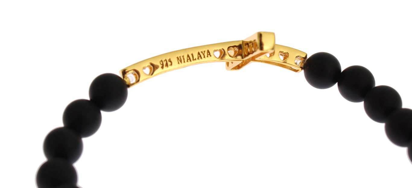 Nialaya Matte Onyx Stone Gold CZ Cross 925 Silver Women's Bracelet