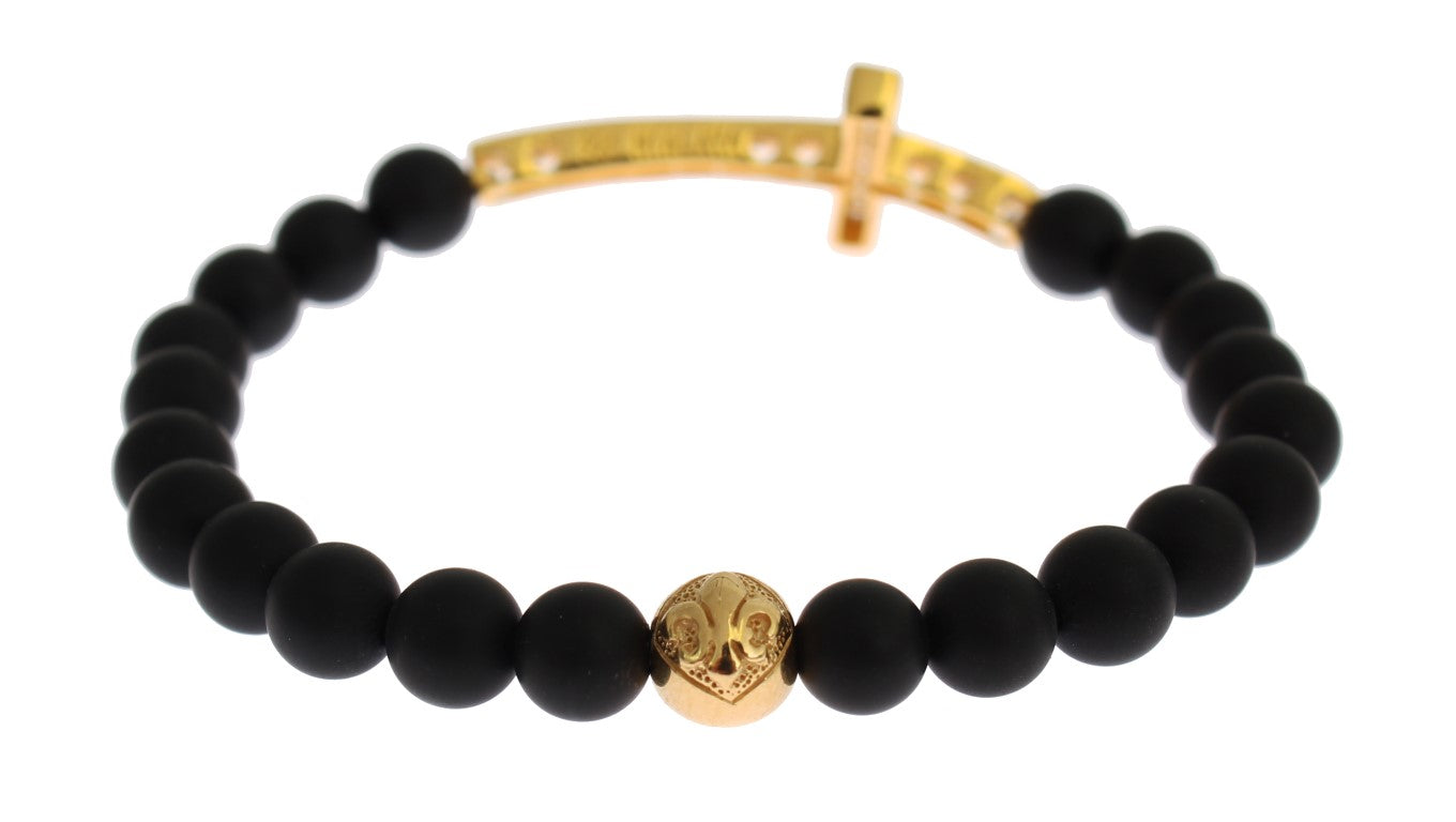 Nialaya Matte Onyx Stone Gold CZ Cross 925 Silver Women's Bracelet