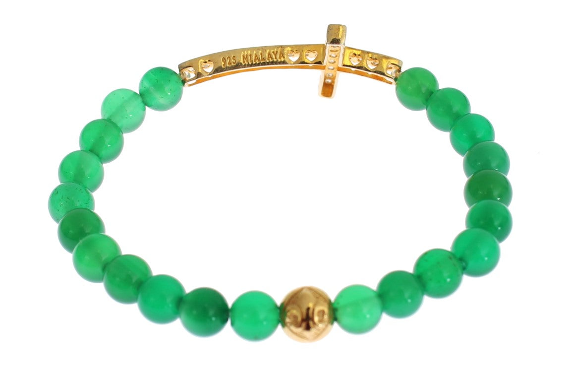 Nialaya Jade Stone Gold CZ Cross 925 Silver Women's Bracelet