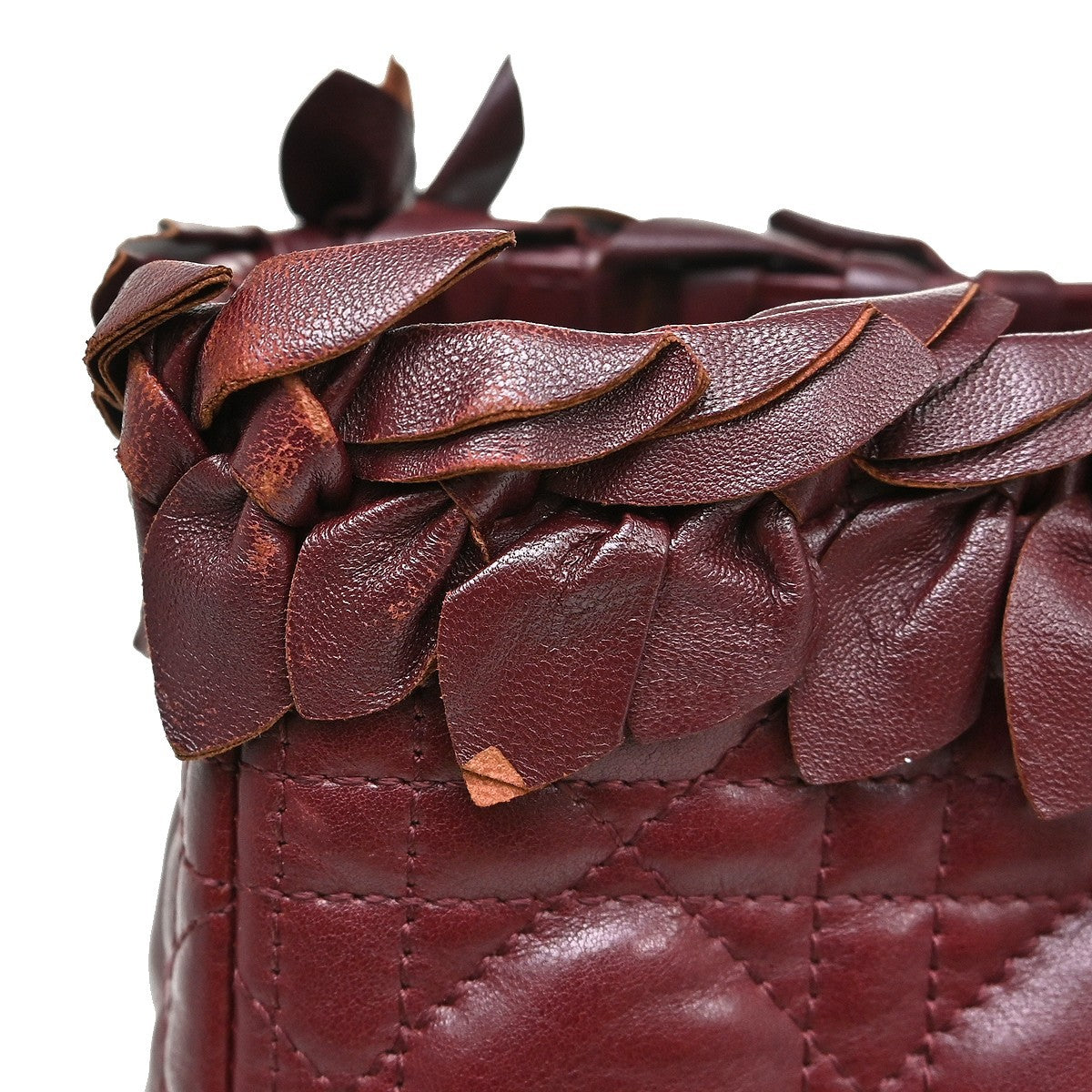 Christian Dior Lady Dior Cannage Quilt Lambskin With Crystal Detail Burgundy Leather Handbag (Pre-Owned)