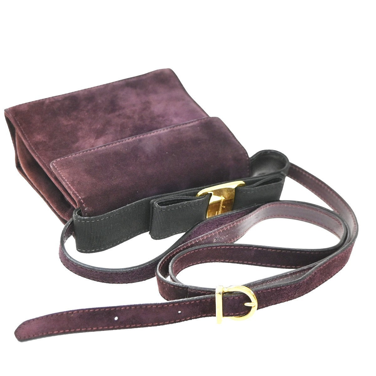 Salvatore Ferragamo Vintage Vara Bow Handle Shoulder Suede Purple Suede Handbag (Pre-Owned)
