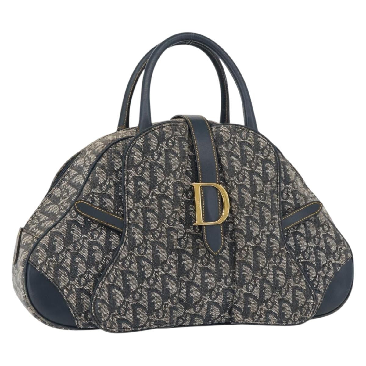 Christian Dior Vintage Saddle Bowler Diorissimo Canvas Navy Canvas Handbag (Pre-Owned)