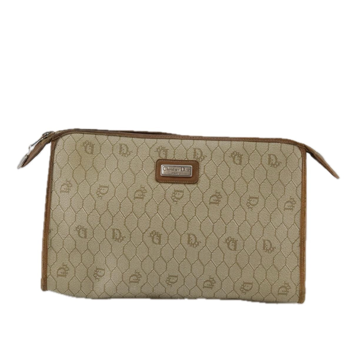 Christian Dior Vintage Honeycomb Zip Canvas And Leather Beige Canvas Clutche & Pouche Bag (Pre-Owned)