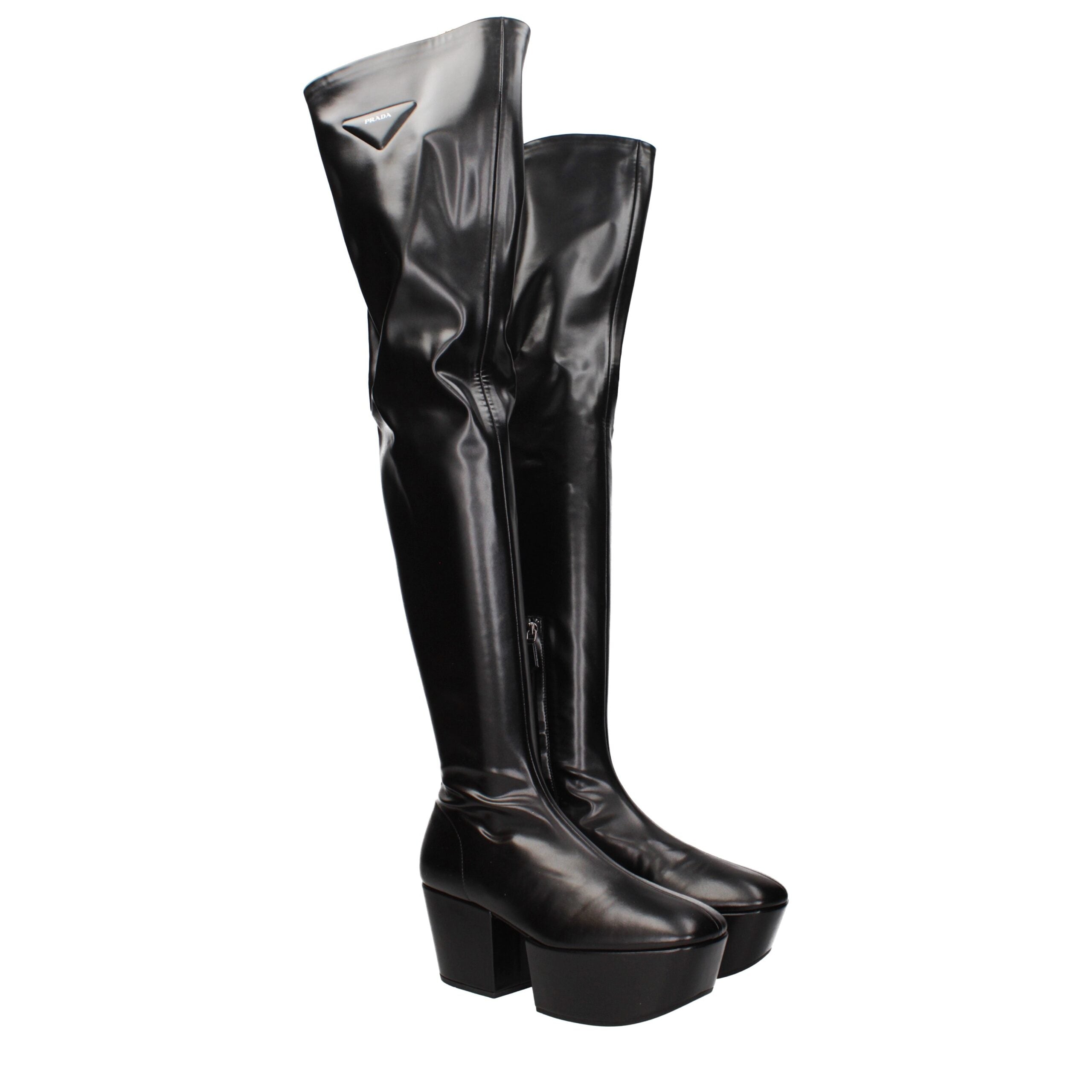 Prada Black Leather Over The Women's Knee