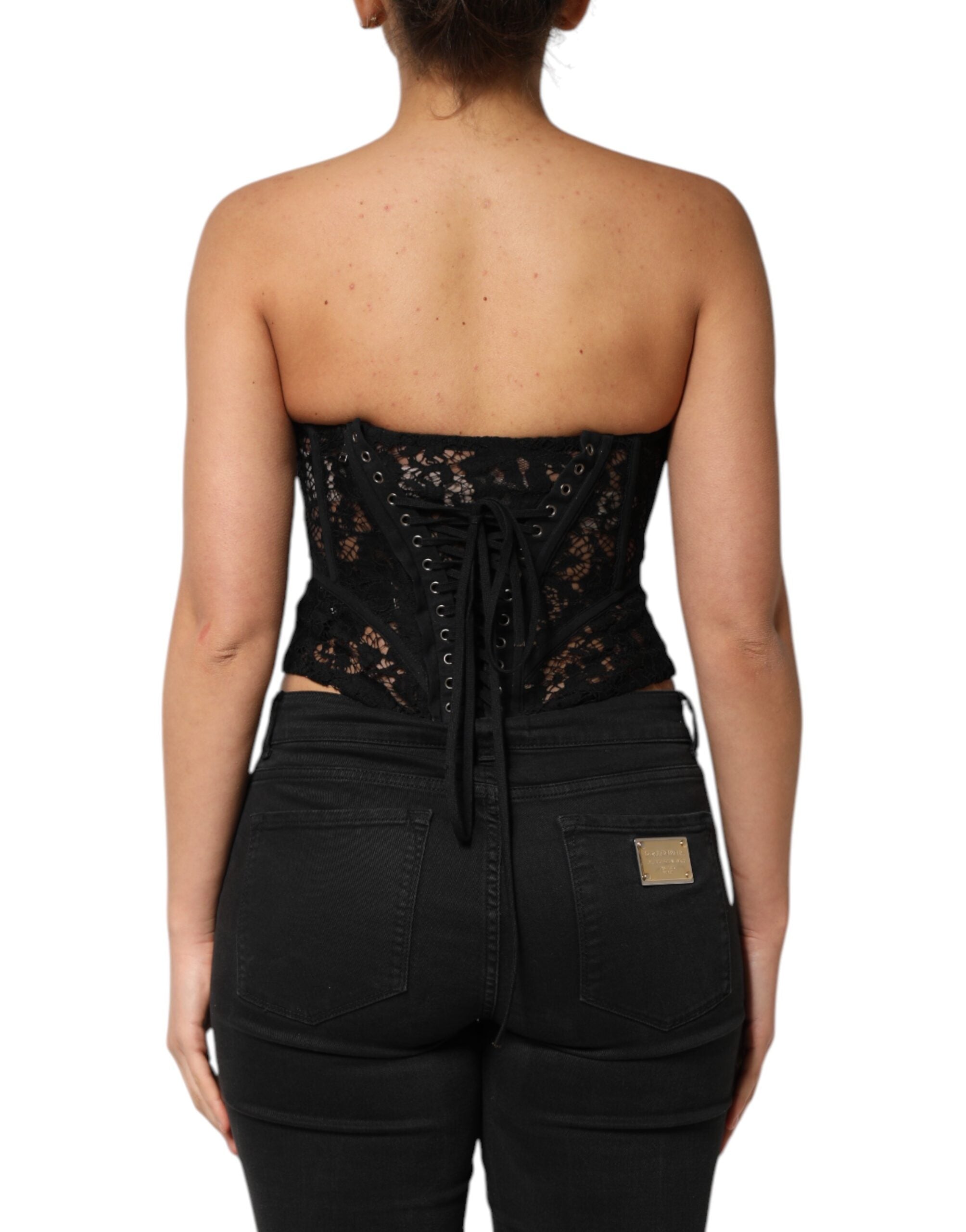 Dolce & Gabbana Black Strapless Floral Lace Bustier Cropped Women's Top (Pre-Owned)