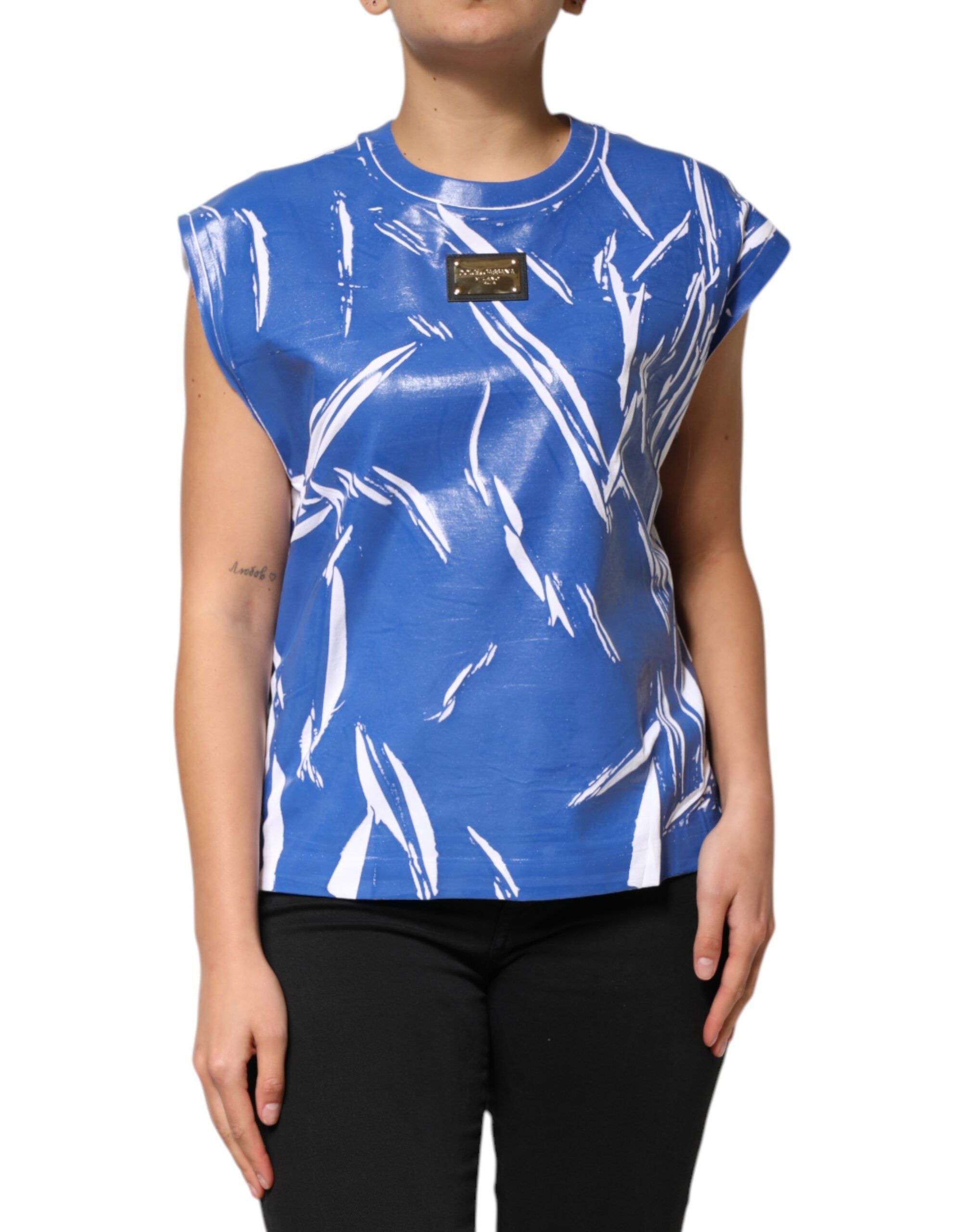Dolce & Gabbana Blue White Cotton Logo Plaque Women Tank Women's Top