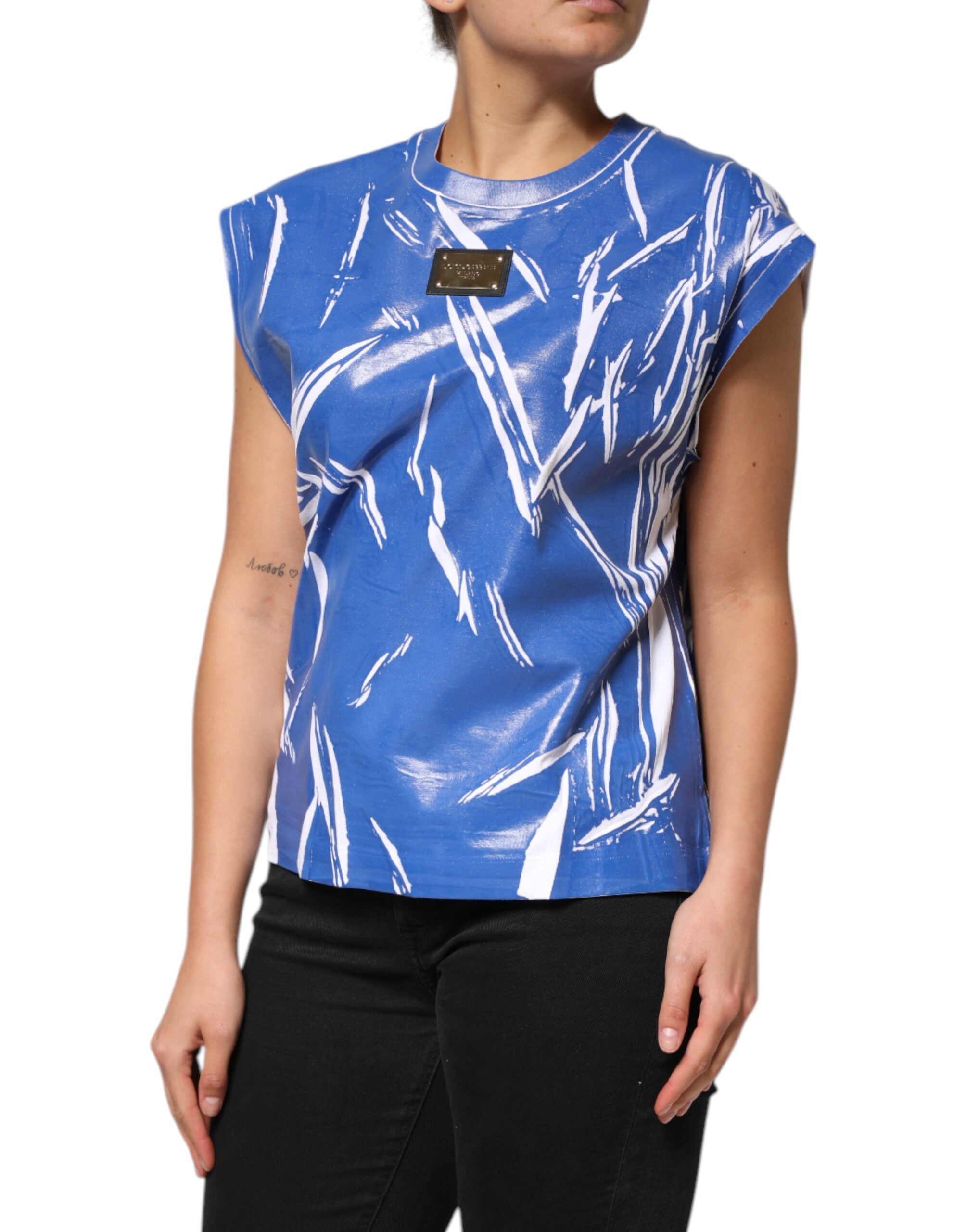 Dolce & Gabbana Blue White Cotton Logo Plaque Women Tank Women's Top