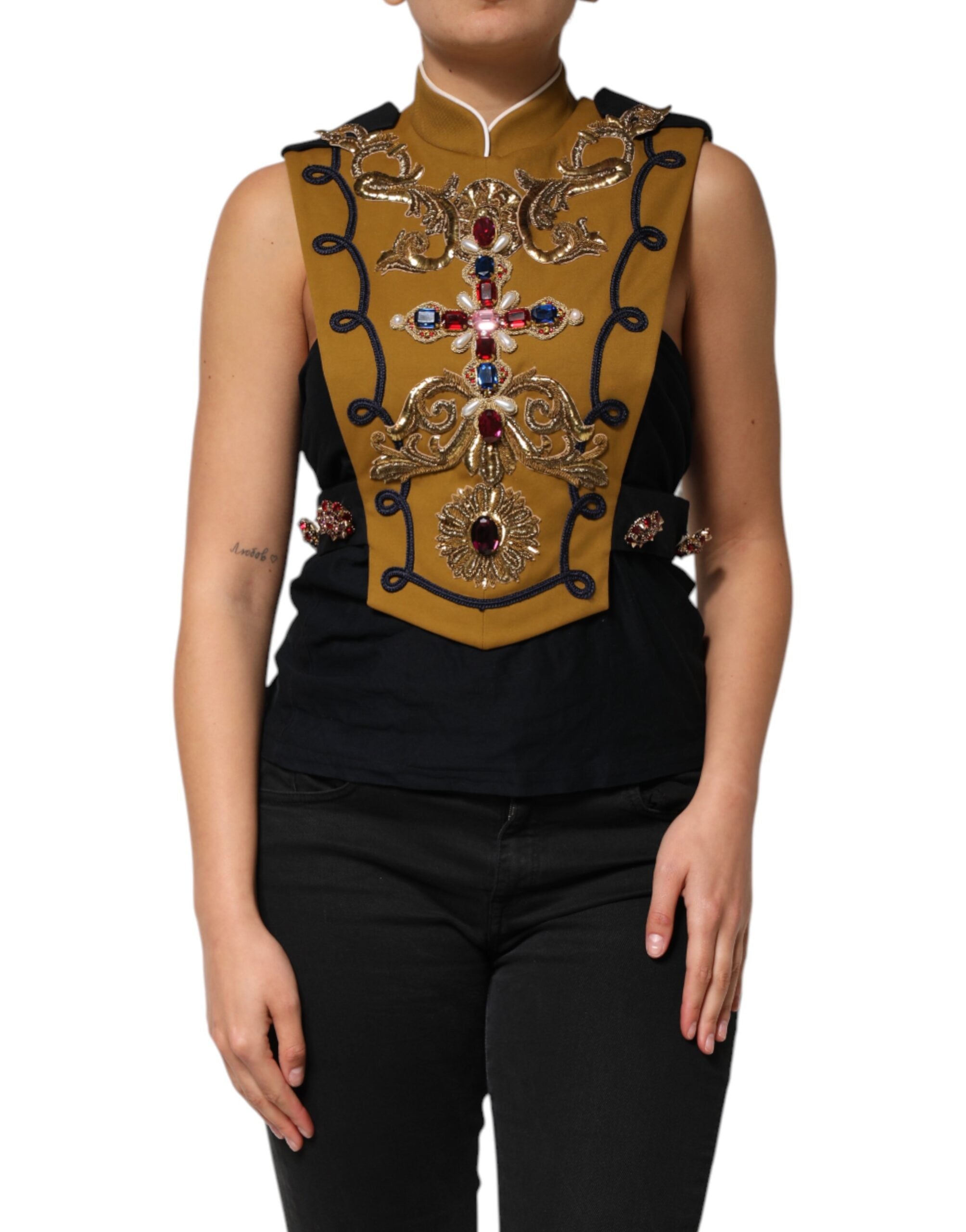 Dolce & Gabbana Yellow Crystal Cross Runway Vest Jacket Women's Top (Pre-Owned)