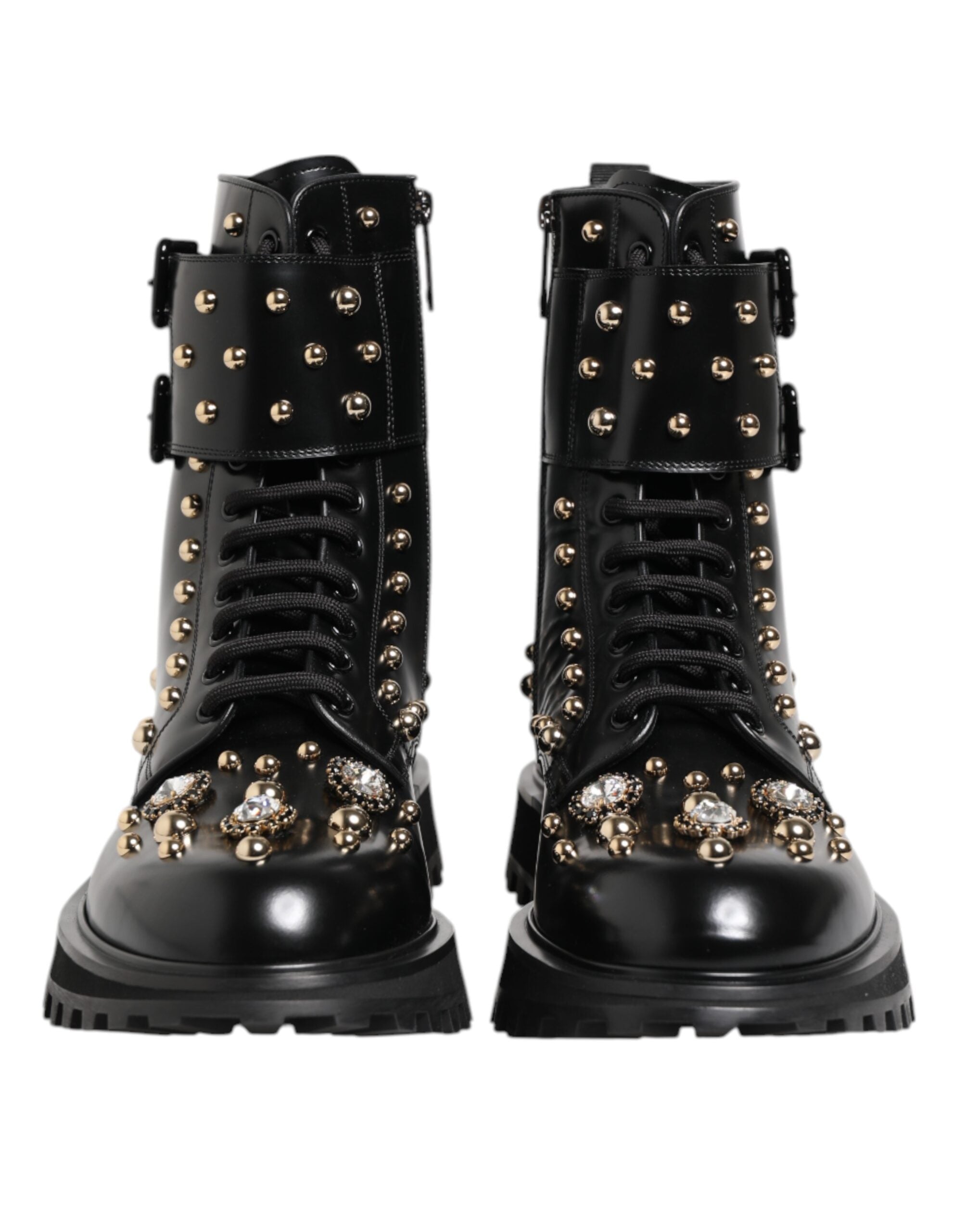 Dolce & Gabbana Black Studded Lace Up Mid Calf Boots Women's Shoes