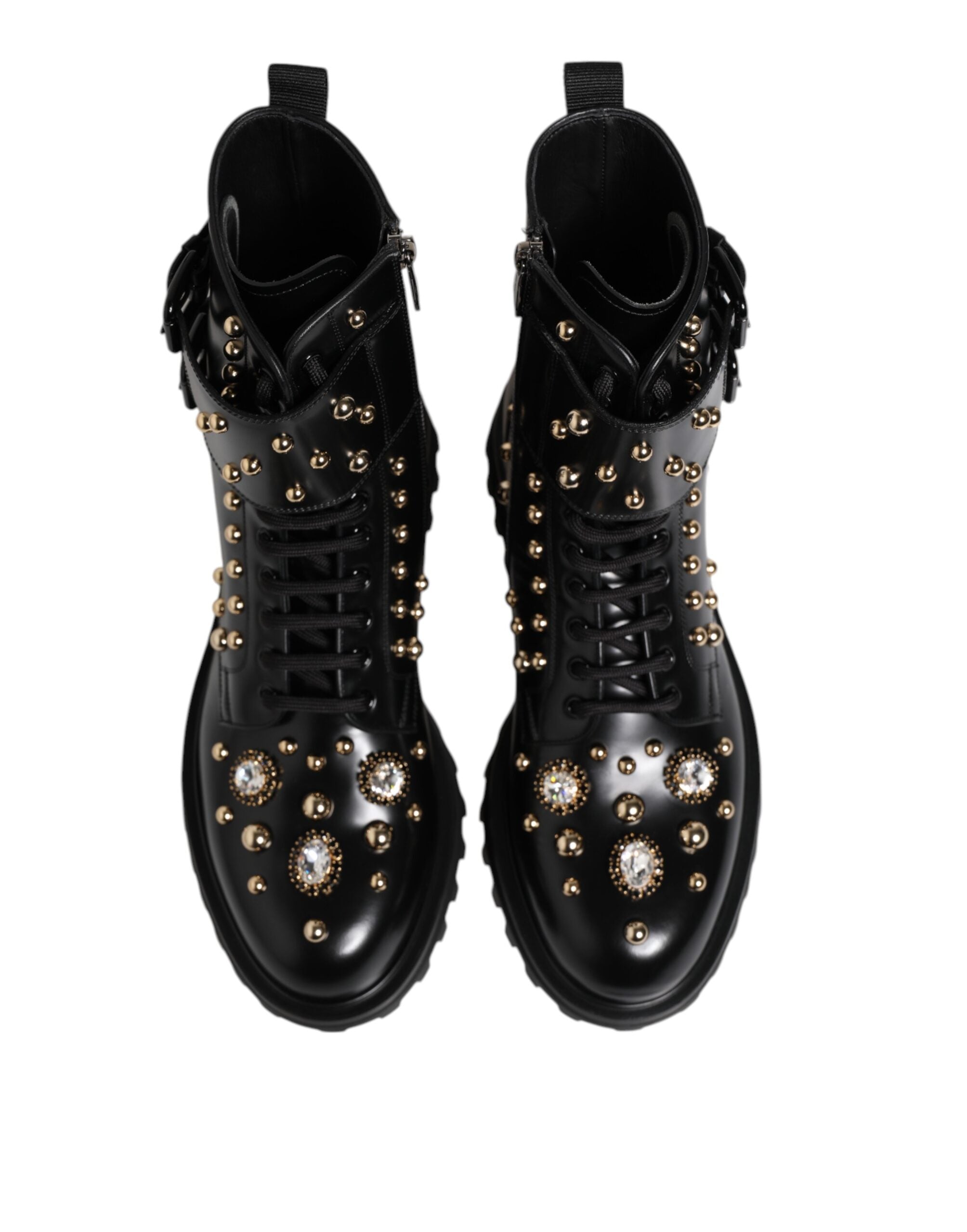 Dolce & Gabbana Black Studded Lace Up Mid Calf Boots Women's Shoes