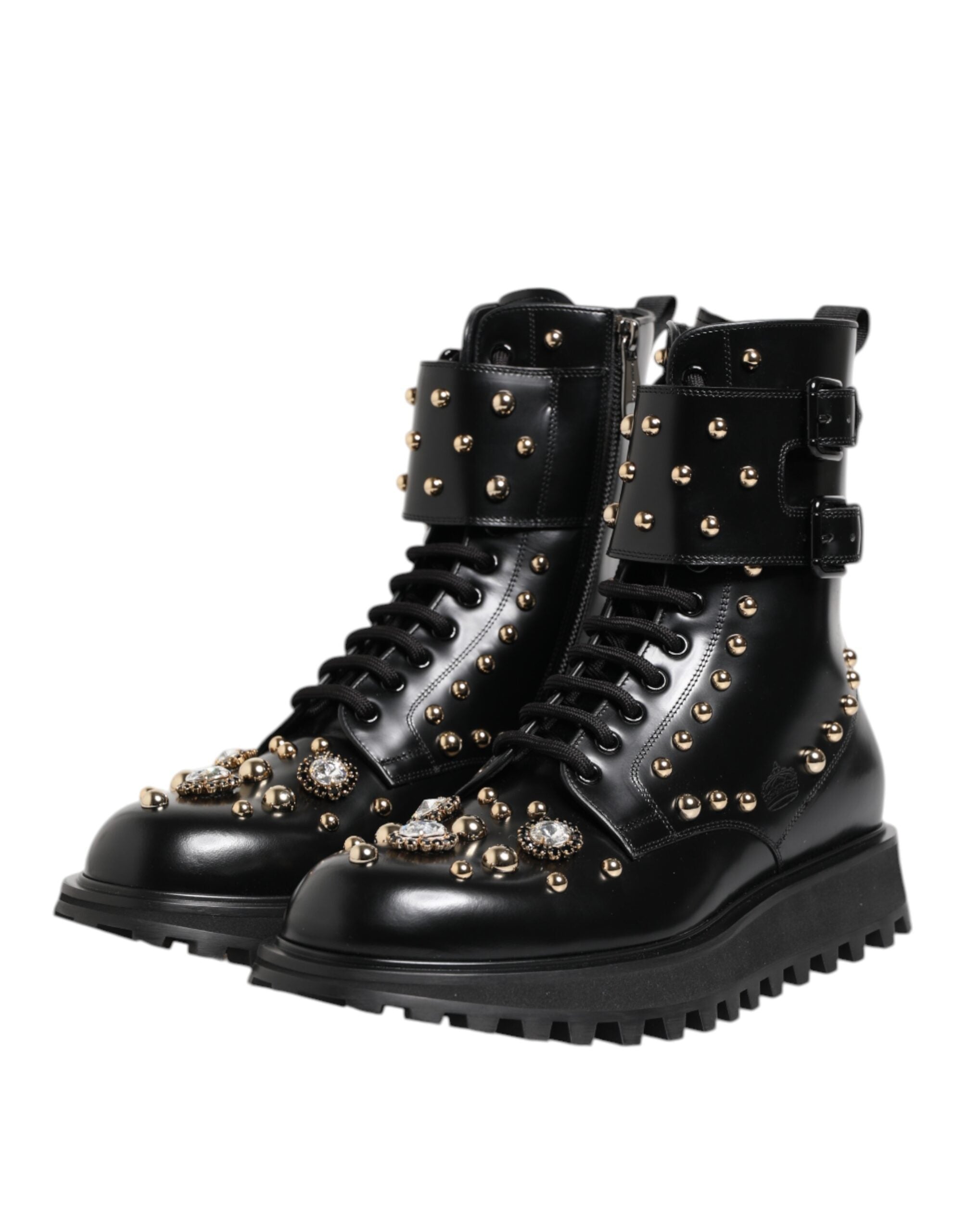 Dolce & Gabbana Black Studded Lace Up Mid Calf Boots Women's Shoes