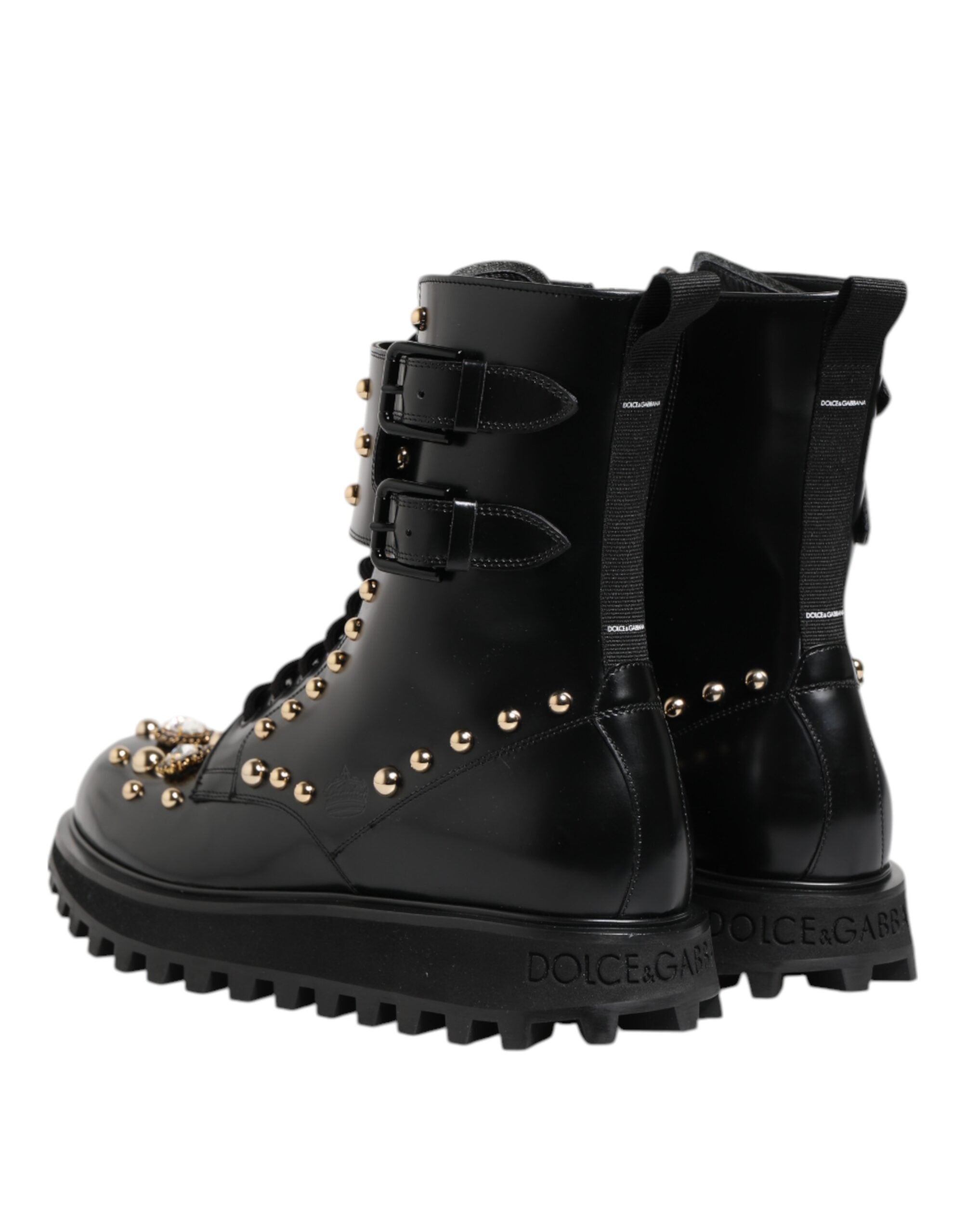 Dolce & Gabbana Black Studded Lace Up Mid Calf Boots Women's Shoes