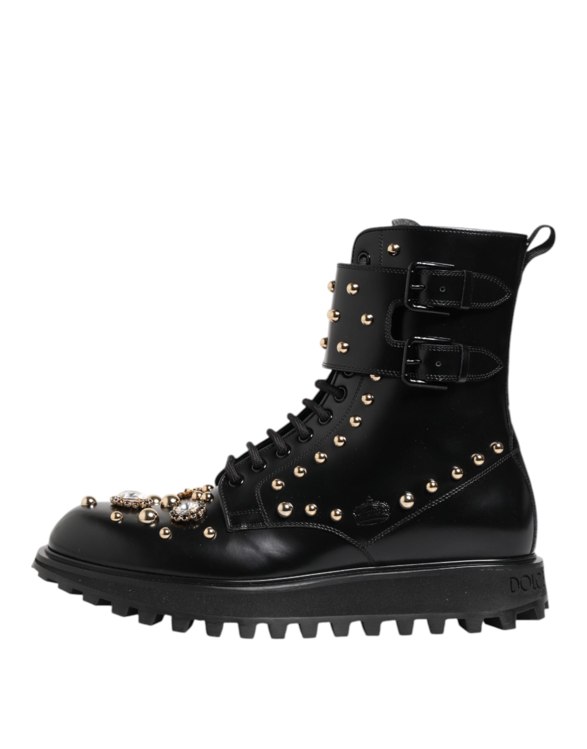 Dolce & Gabbana Black Studded Lace Up Mid Calf Boots Women's Shoes