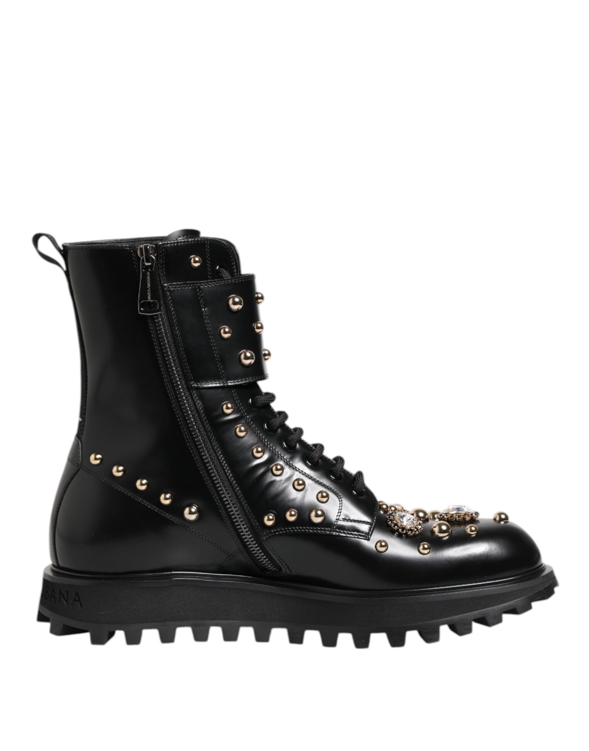 Dolce & Gabbana Black Studded Lace Up Mid Calf Boots Women's Shoes