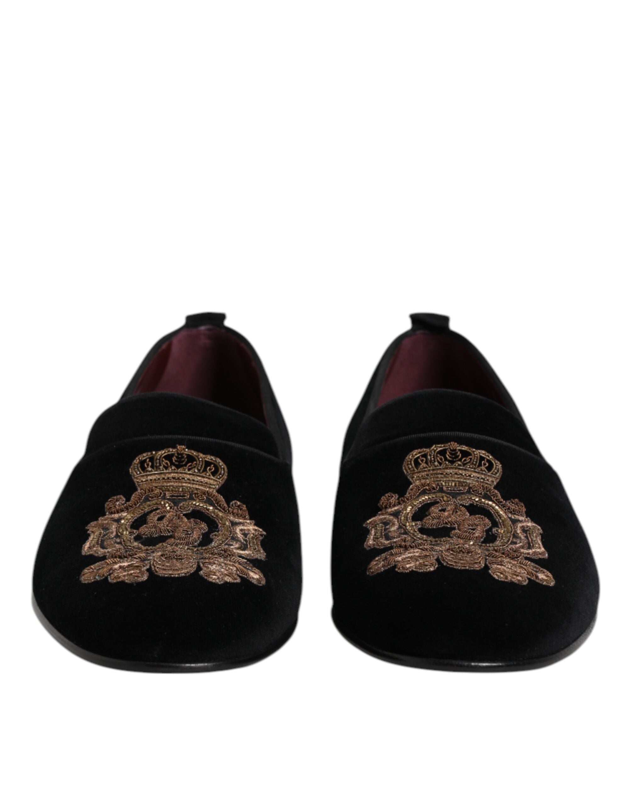 Dolce & Gabbana Black Velvet Gold Crown Mens Loafers Men's Shoes