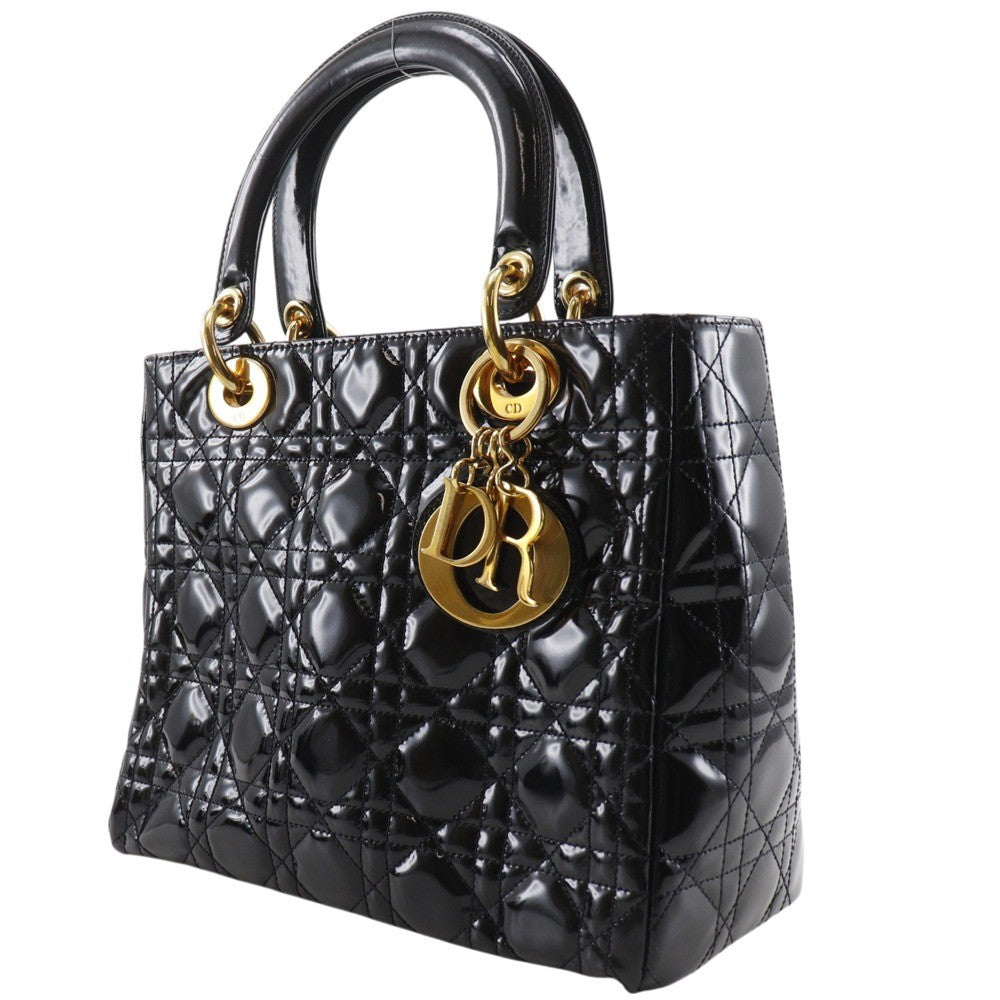Christian Dior Lady Dior Nm Cannage Quilt Patent Black Patent_Leather Tote Bag Bag (Pre-Owned)