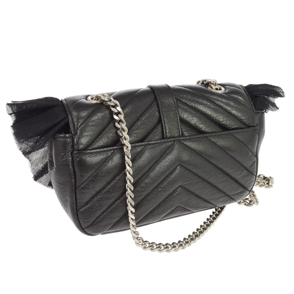 Saint Laurent Loulou Puffer Leather & Tulle Black Leather Shoulder Bag Bag (Pre-Owned)