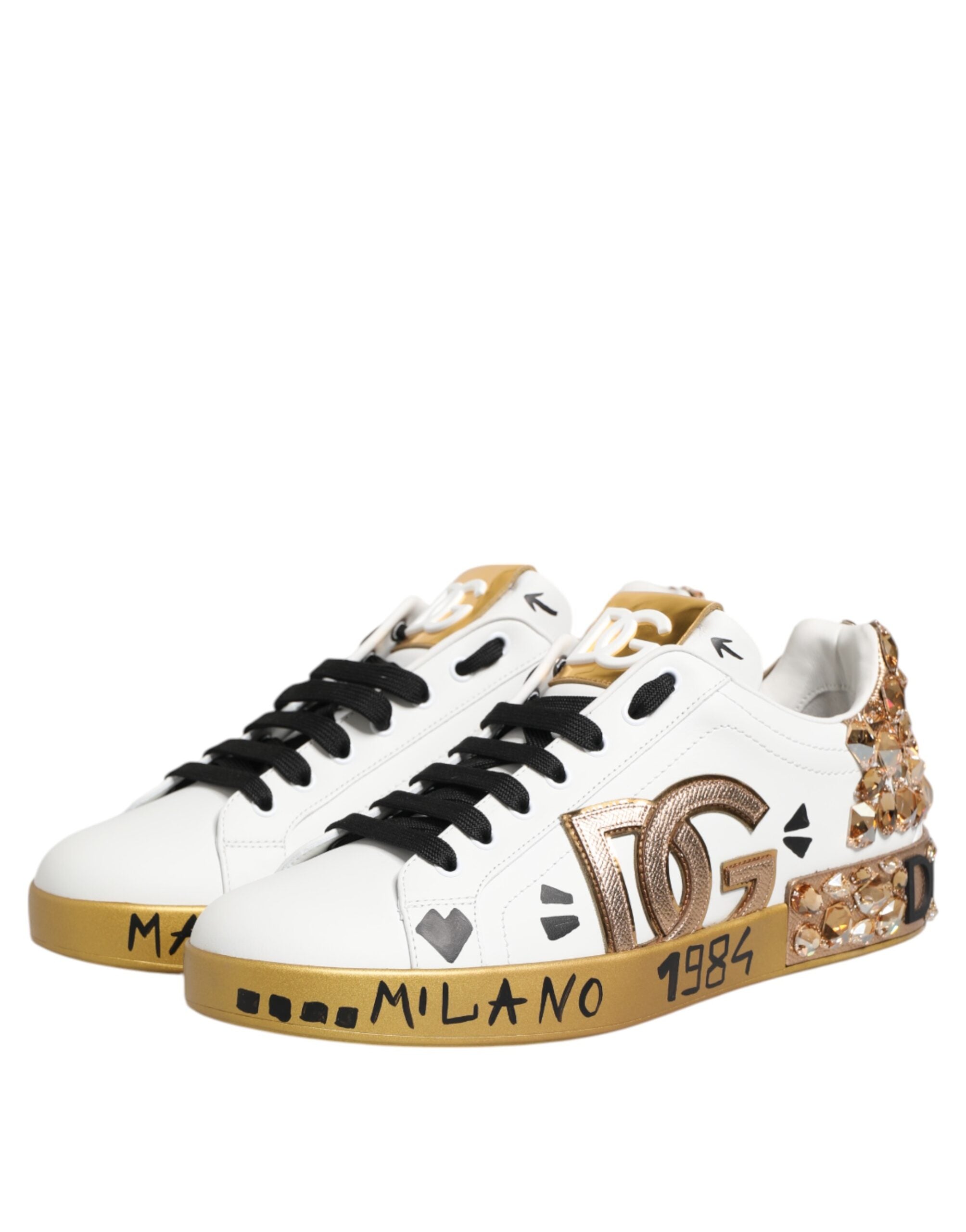 Dolce & Gabbana White Gold Crystal Portofino Sneakers Men's Shoes