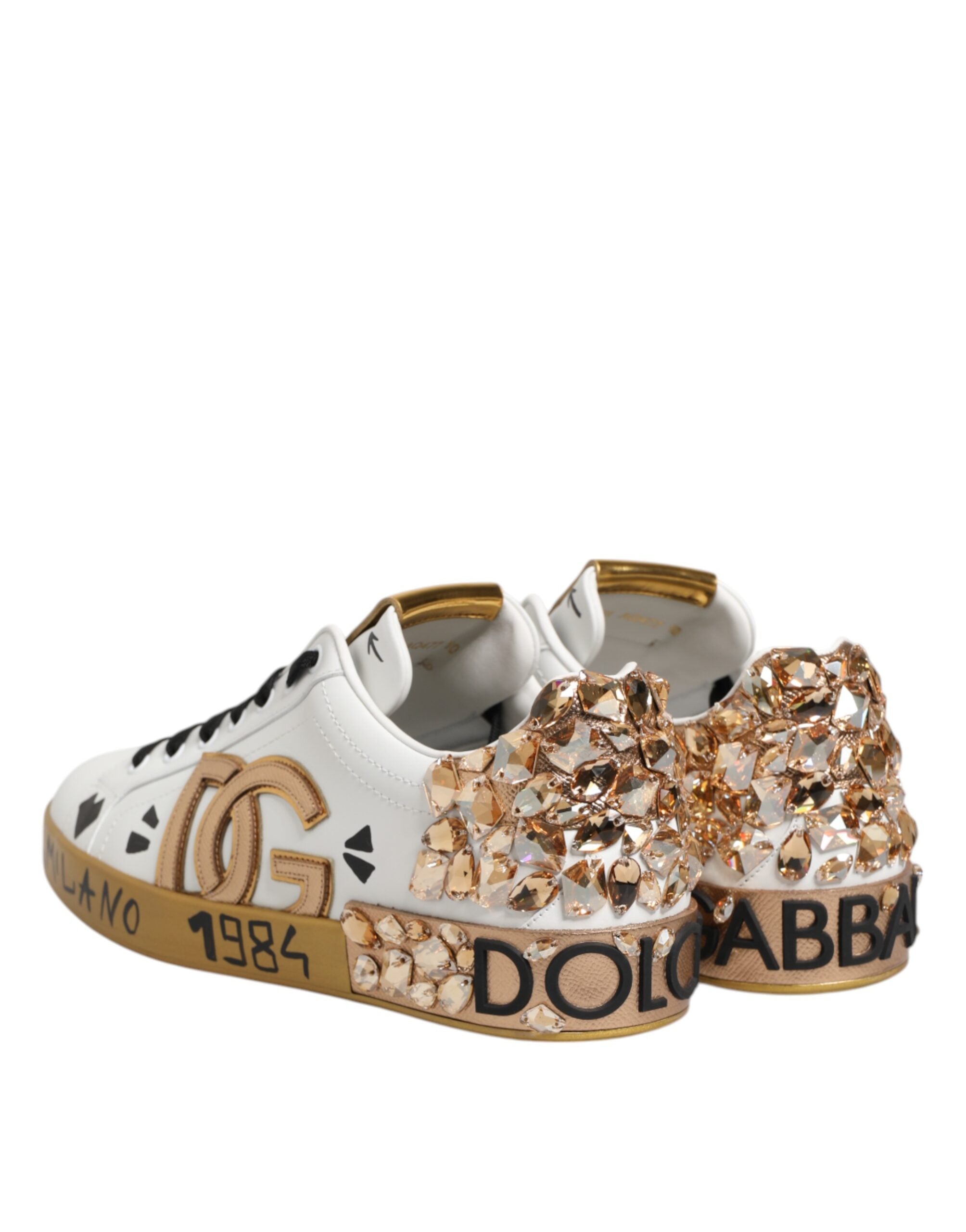 Dolce & Gabbana White Gold Crystal Portofino Sneakers Men's Shoes