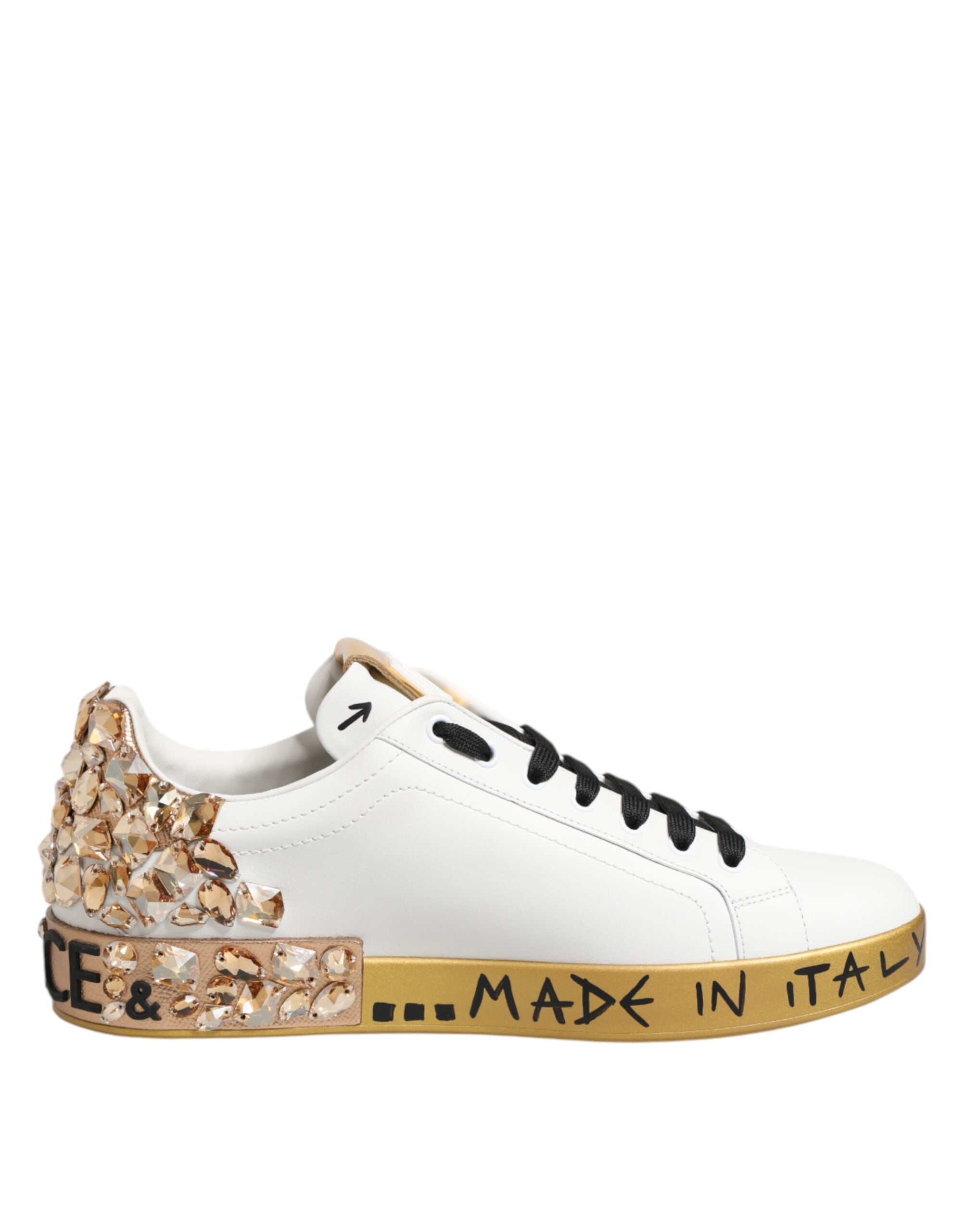 Dolce & Gabbana White Gold Crystal Portofino Sneakers Men's Shoes