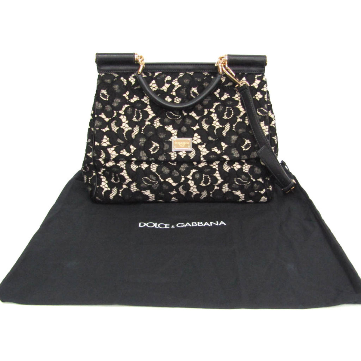 Dolce & Gabbana Miss Sicily Floral Lace Black Cotton Handbag (Pre-Owned)