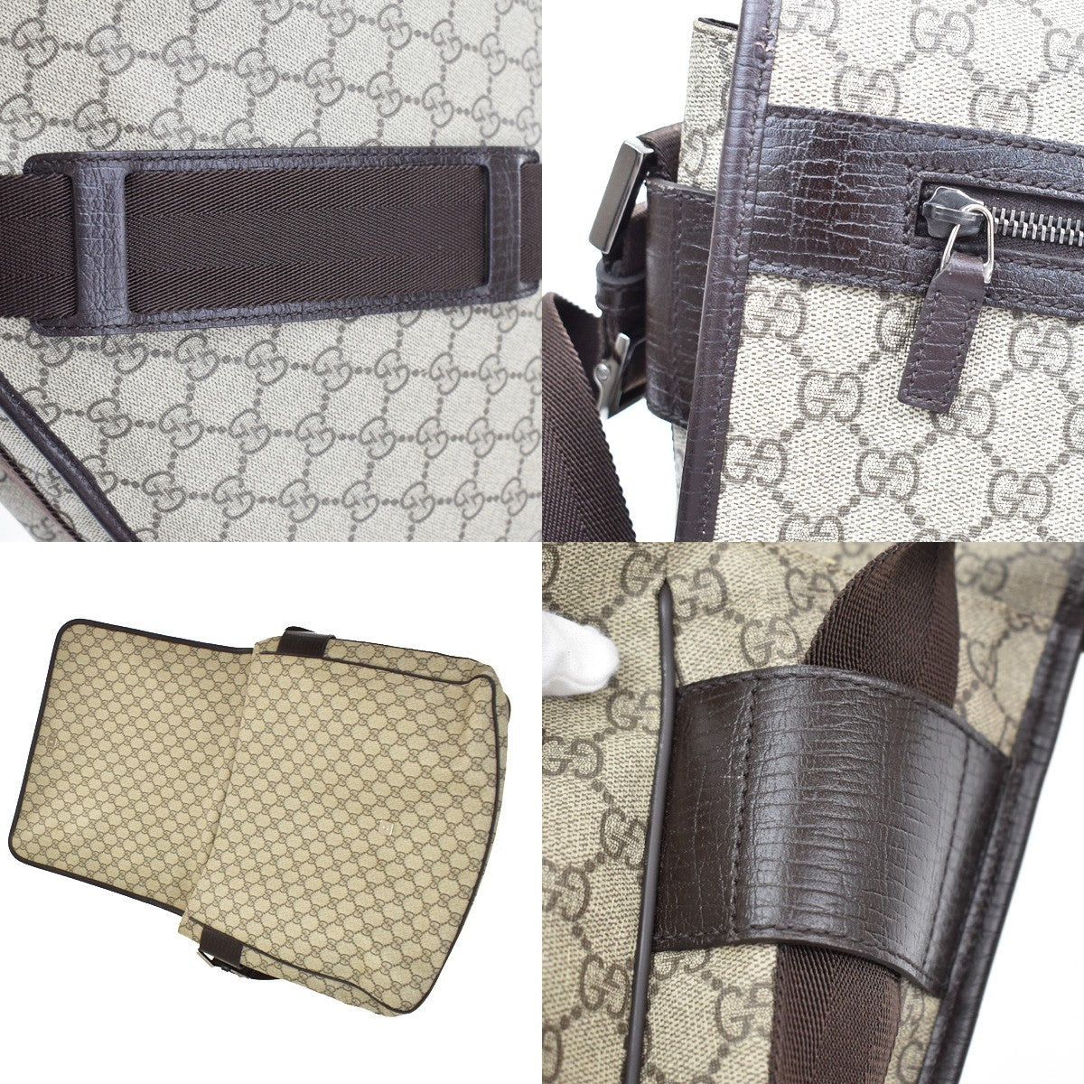 Gucci Web Strap Messenger Gg Coated Canvas Brown Leather Handbag (Pre-Owned)