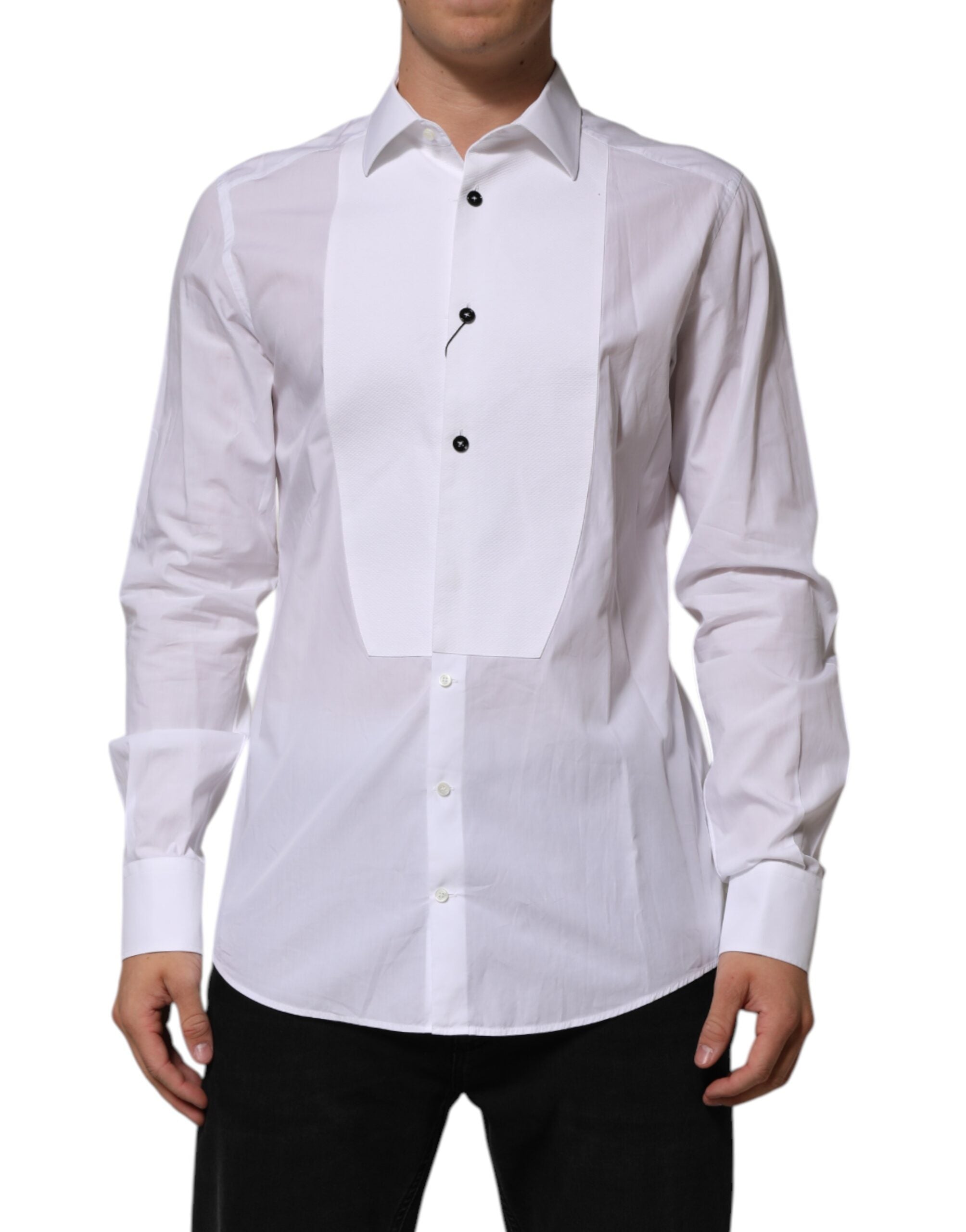 Dolce & Gabbana White Bib Cotton Poplin GOLD Men Formal Men's Shirt (Pre-Owned)