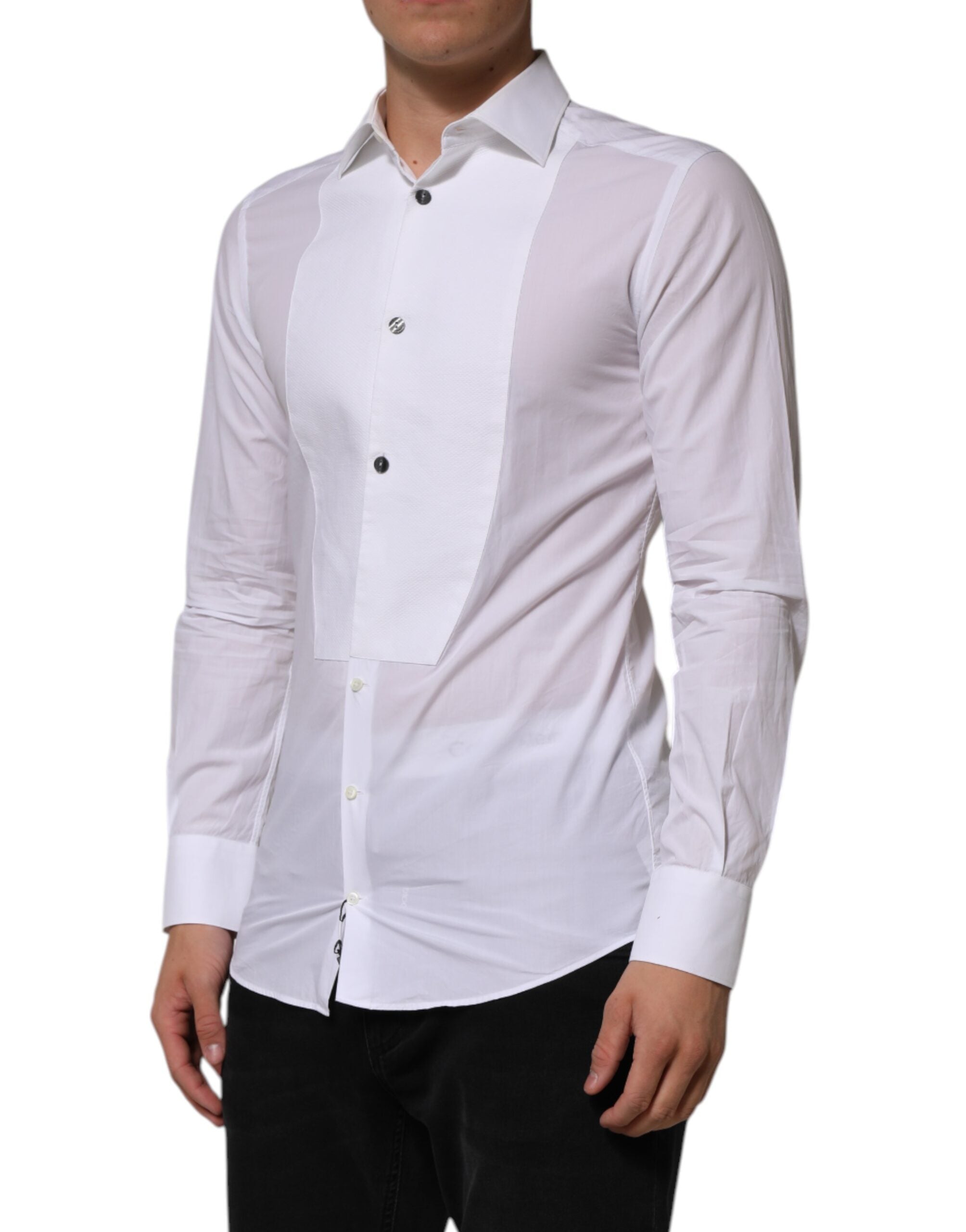 Dolce & Gabbana White Bib Cotton Poplin GOLD Men Formal Men's Shirt (Pre-Owned)