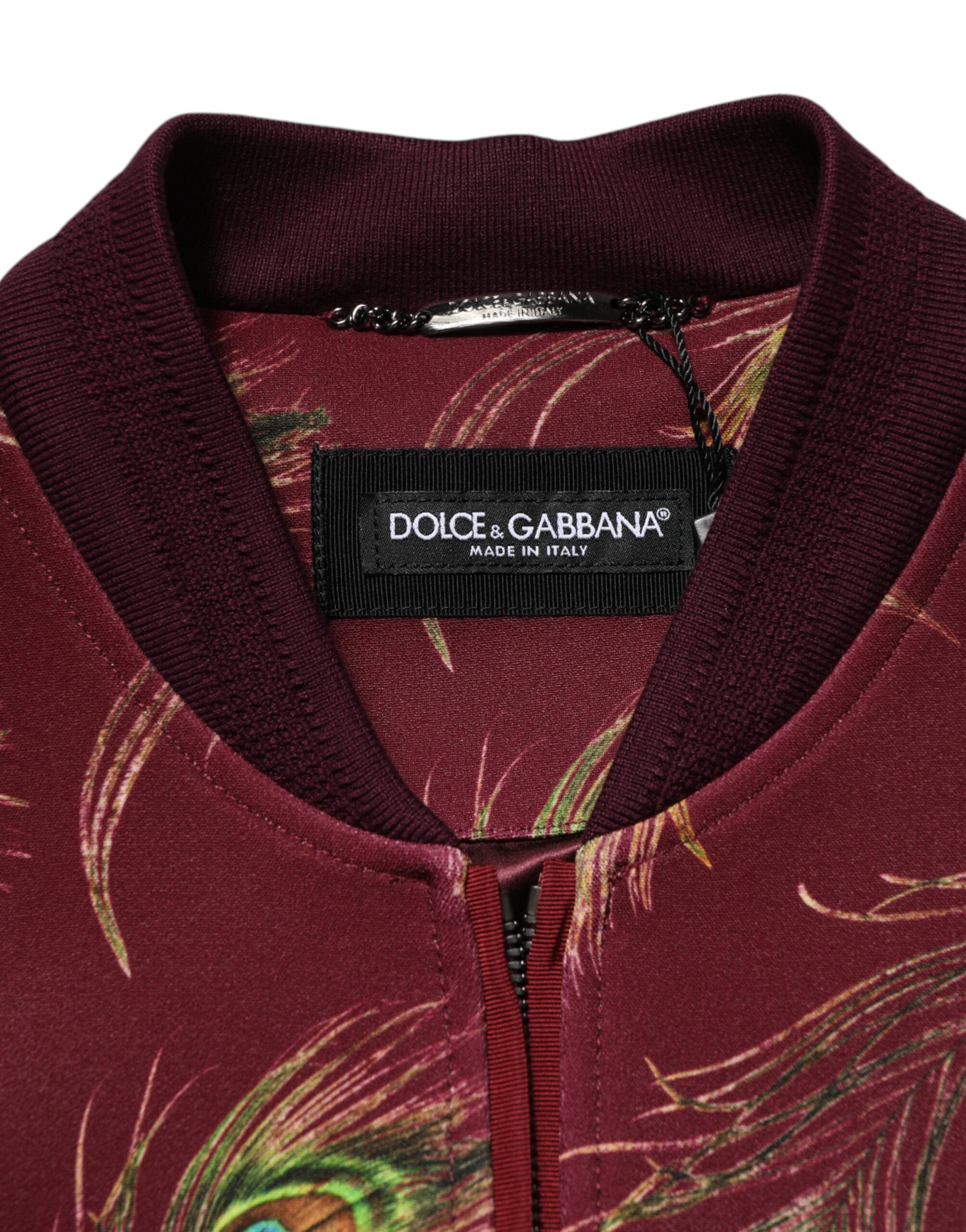 Dolce & Gabbana Maroon Peacock Feather Print Bomber Men's Jacket