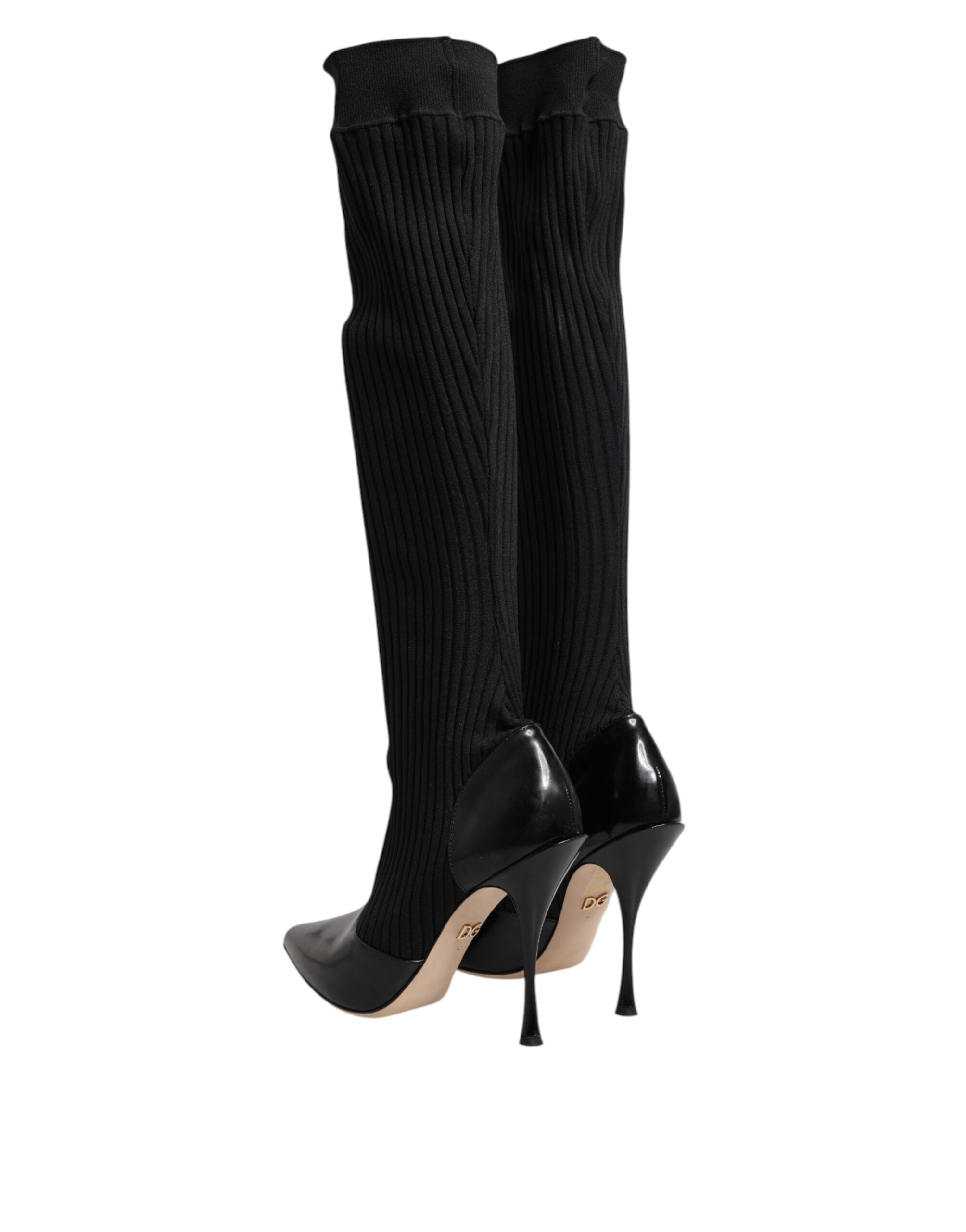 Dolce & Gabbana Black Leather Ribbed Knit Knee Boots Women's Shoes (Pre-Owned)