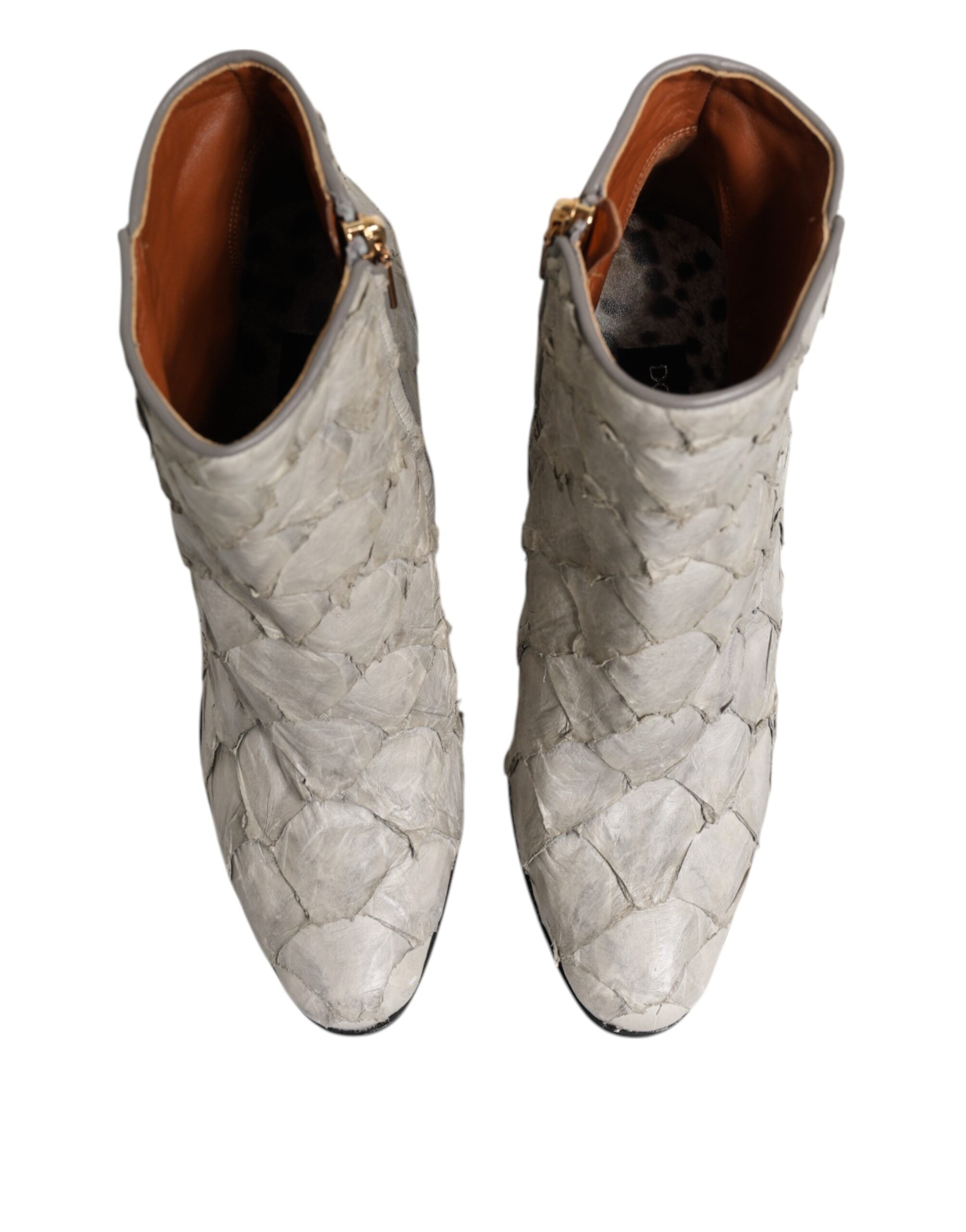 Dolce & Gabbana Off White Leather Heels Ankle Boots Women's Shoes
