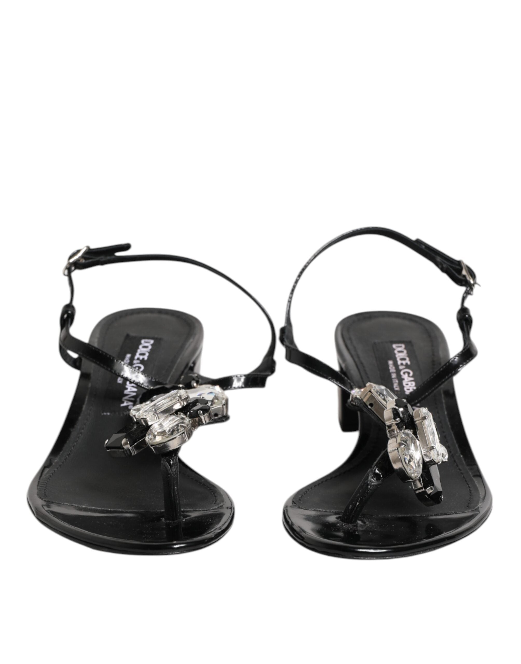 Dolce & Gabbana Black Leather Crystal Ankle Strap Sandals Women's Shoes