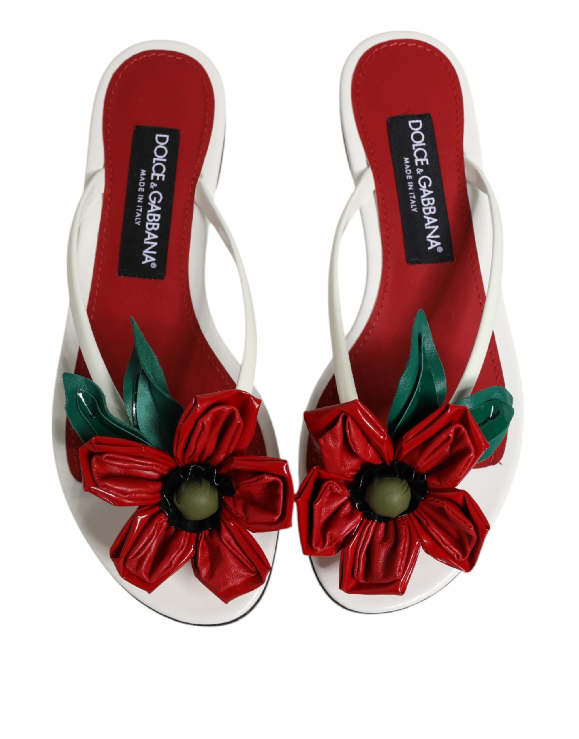 Dolce & Gabbana Red White KEIRA Flower Leather Sandals Women's Shoes