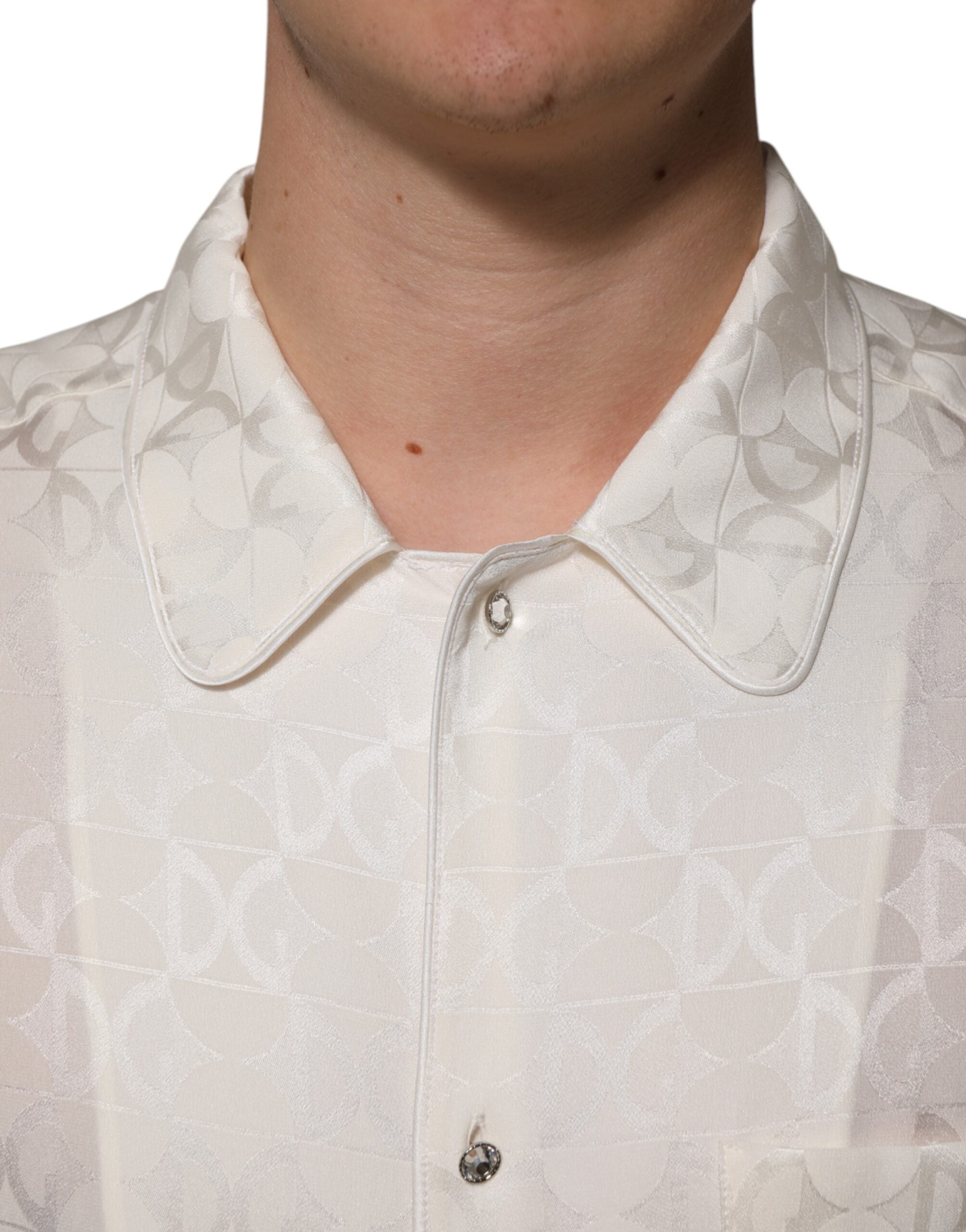 Dolce & Gabbana White Silk DG Logo Print Long Sleeves Men's Shirt