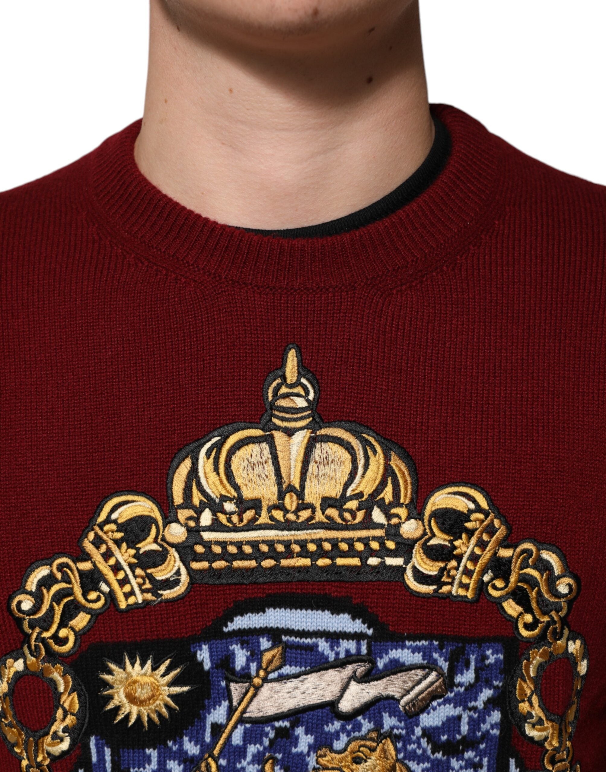 Dolce & Gabbana Burgundy Cashmere Lion Crest Pullover Men's Sweater