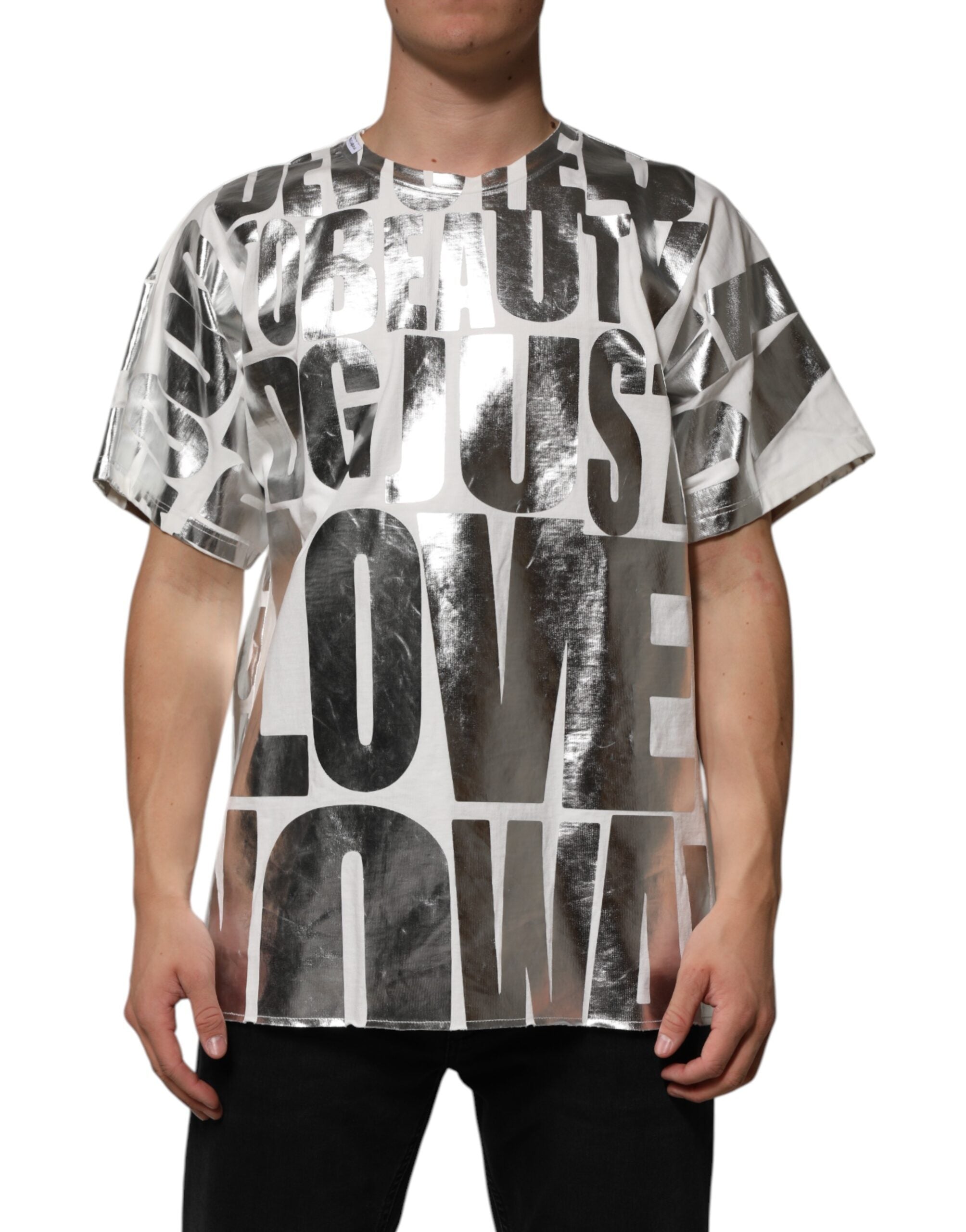 Dolce & Gabbana White Cotton Silver Metallic Slogan Print Men's T-shirt