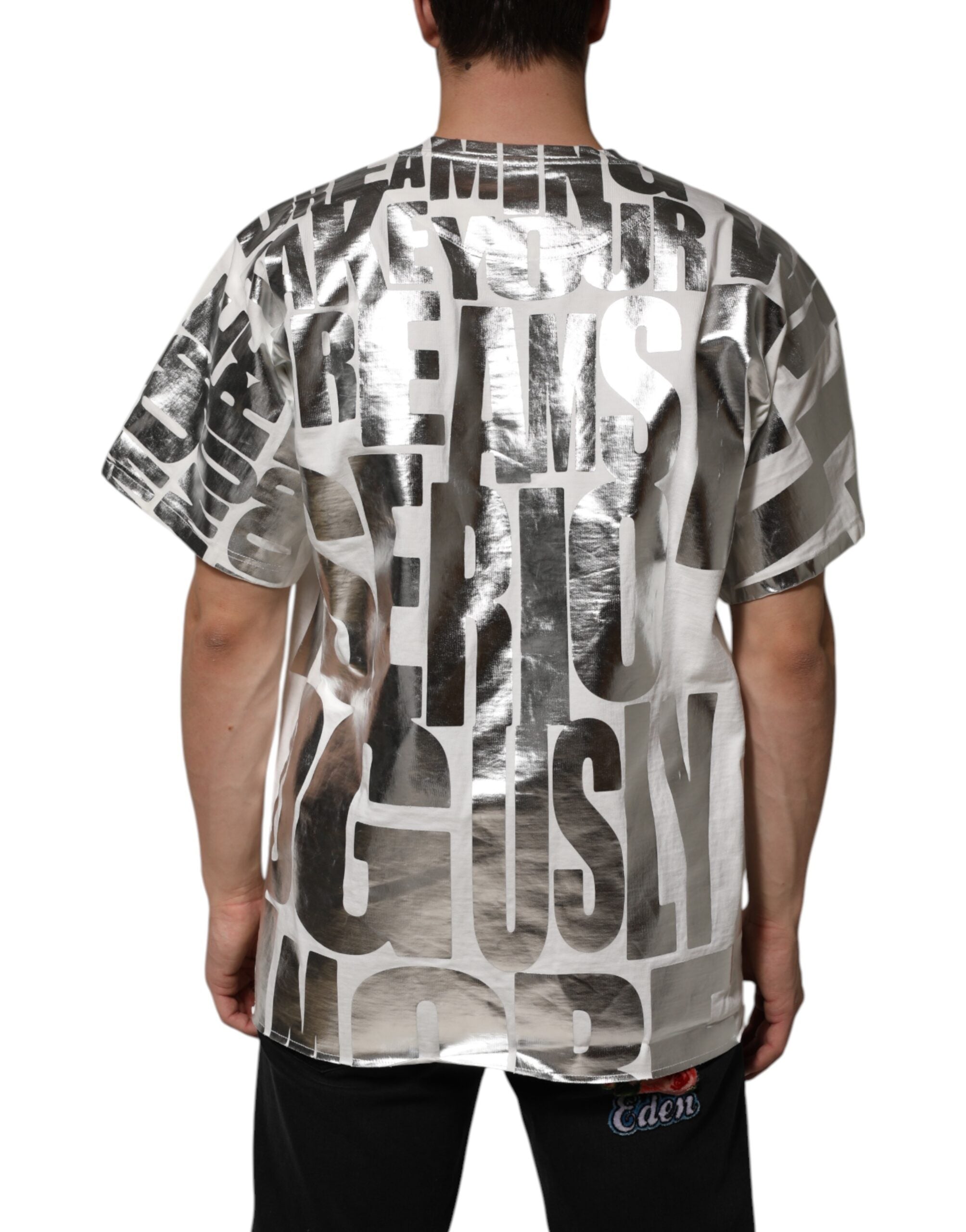 Dolce & Gabbana White Cotton Silver Metallic Slogan Print Men's T-shirt