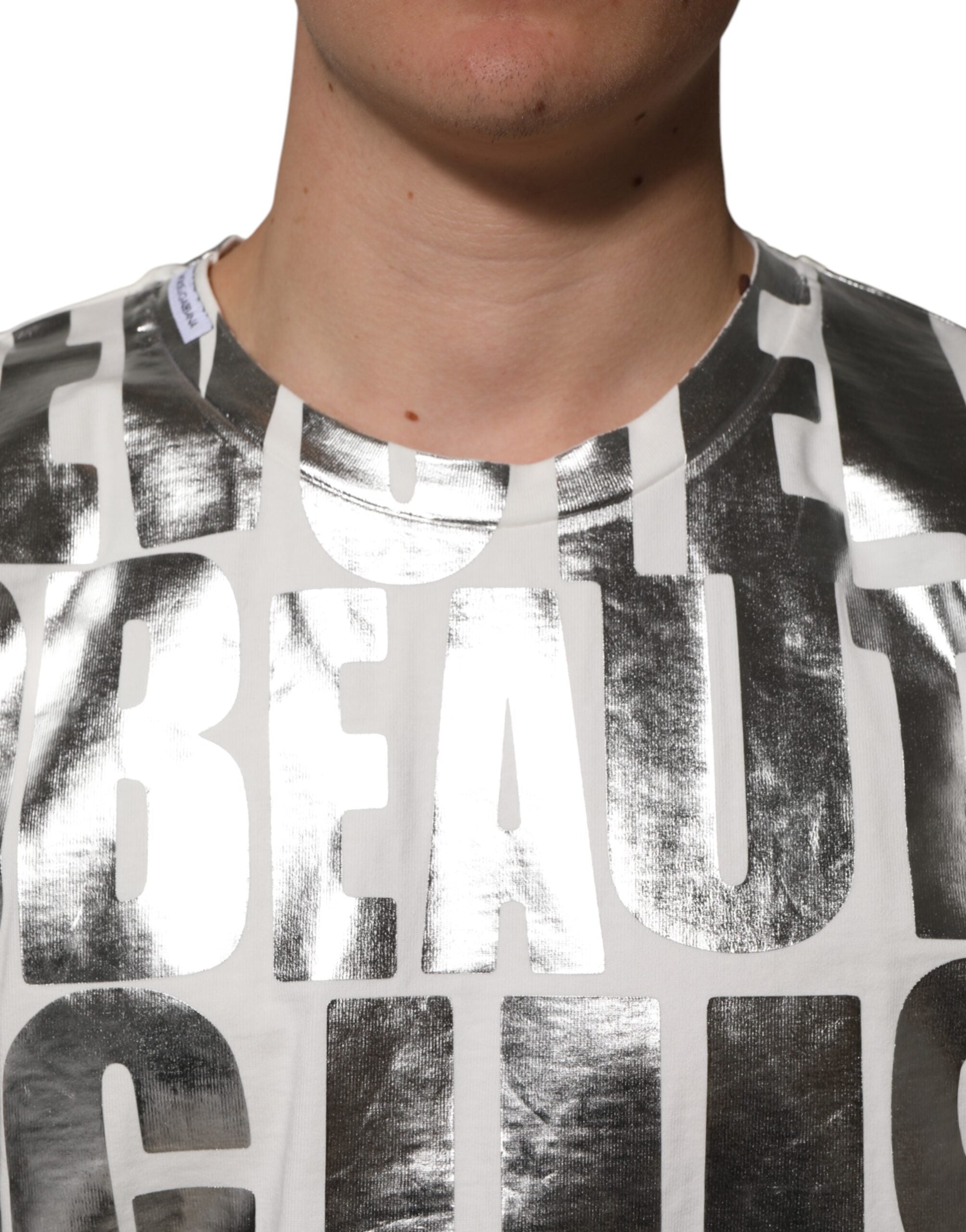 Dolce & Gabbana White Cotton Silver Metallic Slogan Print Men's T-shirt