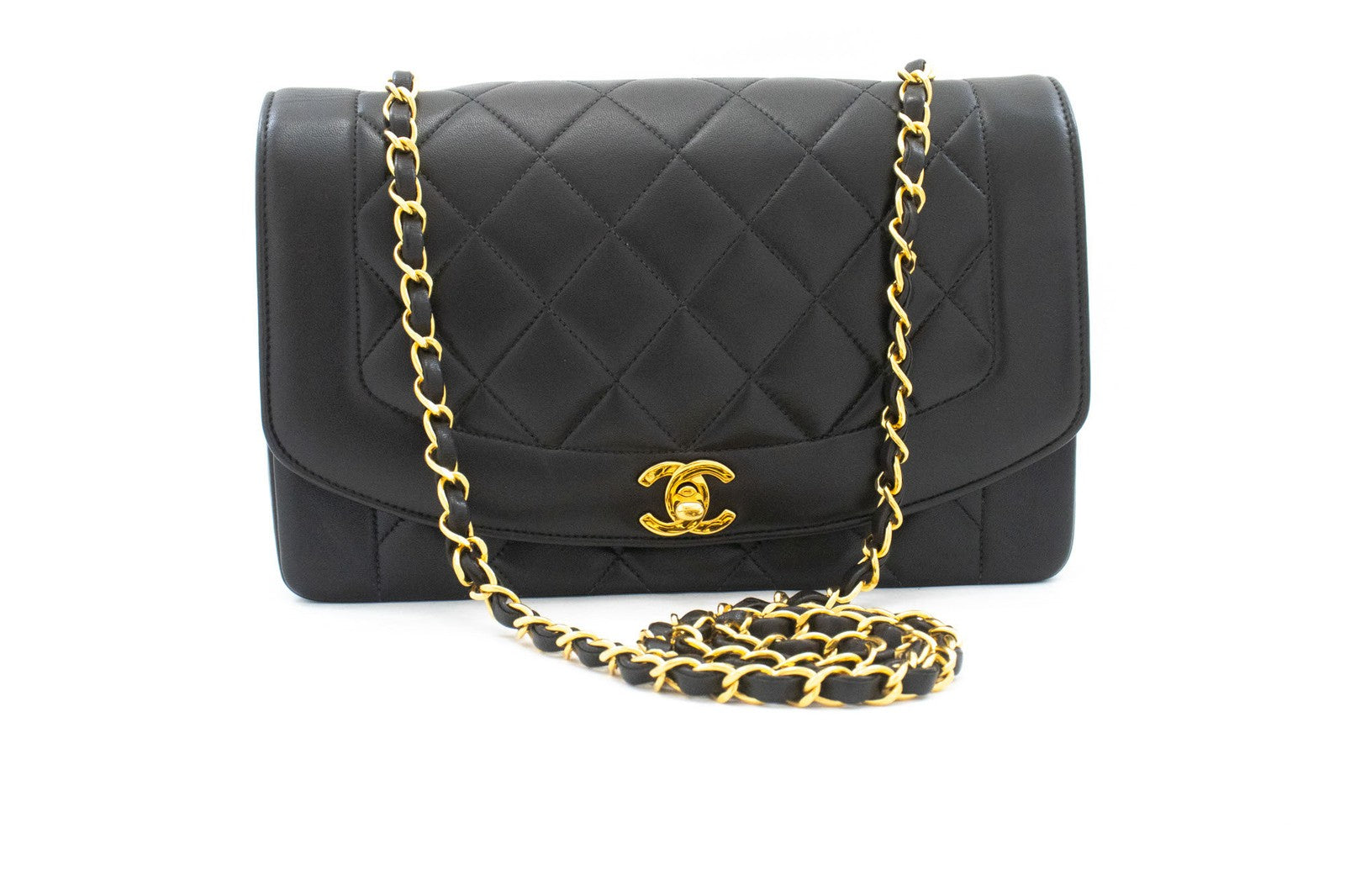 Chanel Vintage Diana Flap Quilted Lambskin Black Leather Shoulder Bag Bag (Pre-Owned)