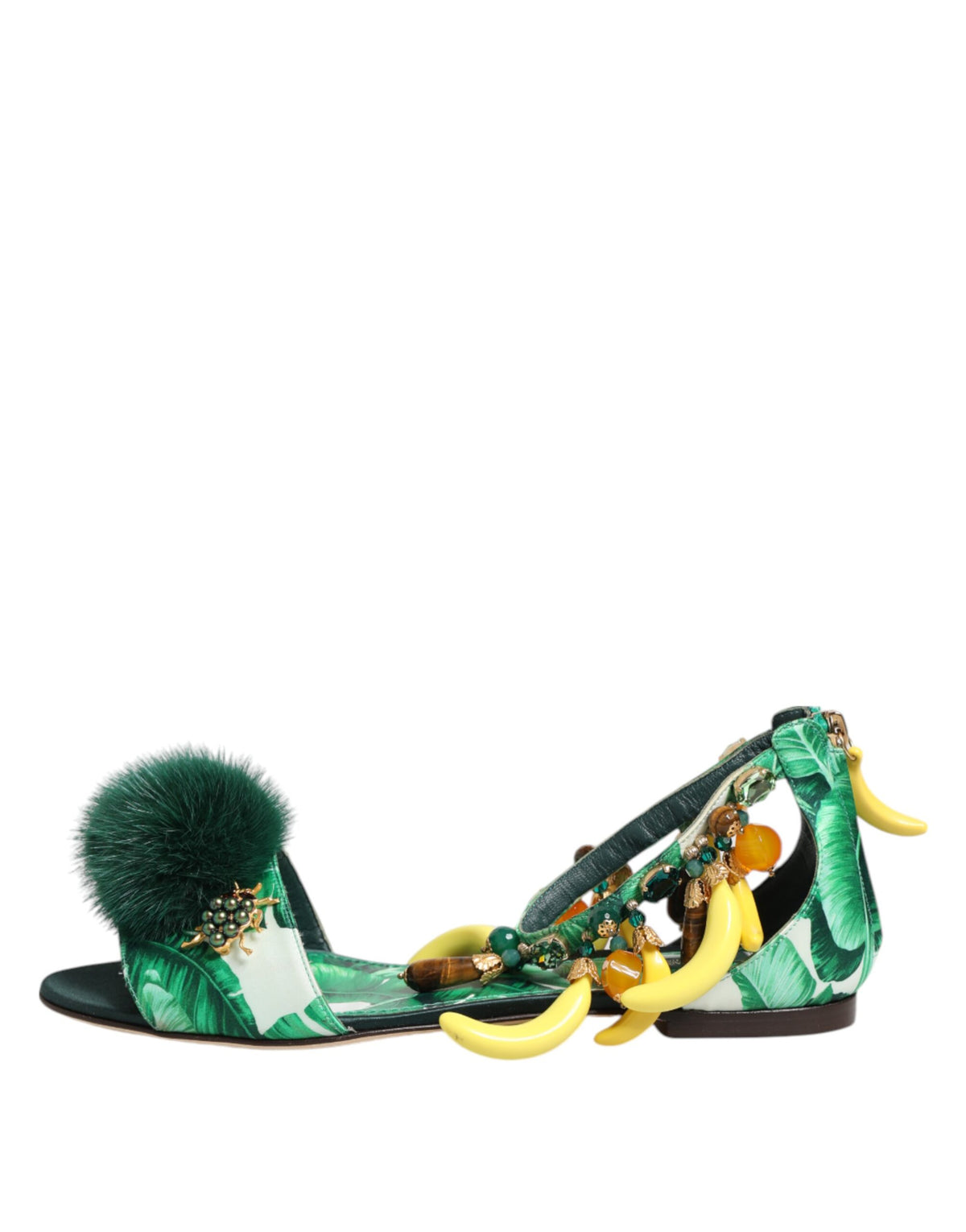 Dolce & Gabbana Green Mink Fur Satin Banana Leaf Sandals Women's Shoes