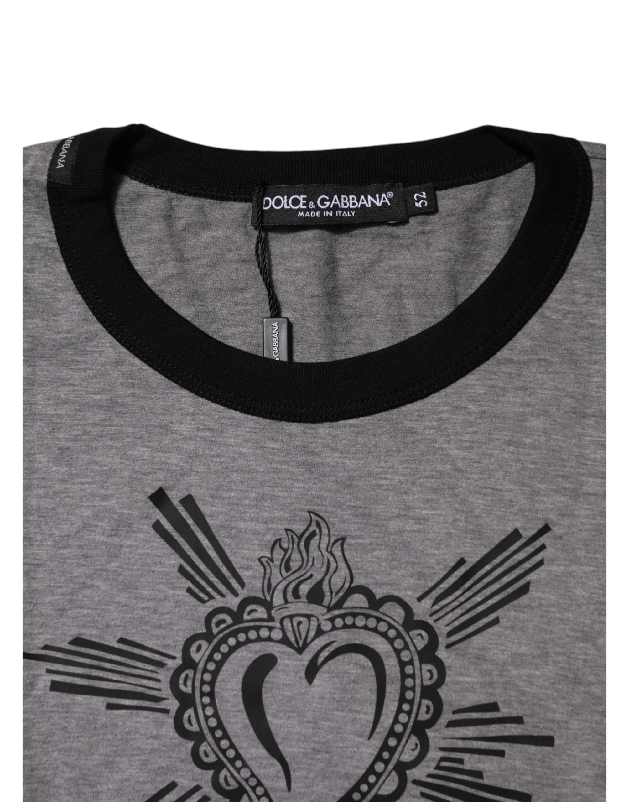 Dolce & Gabbana Gray Sacred Heart Cotton Crew Neck Men's T-shirt